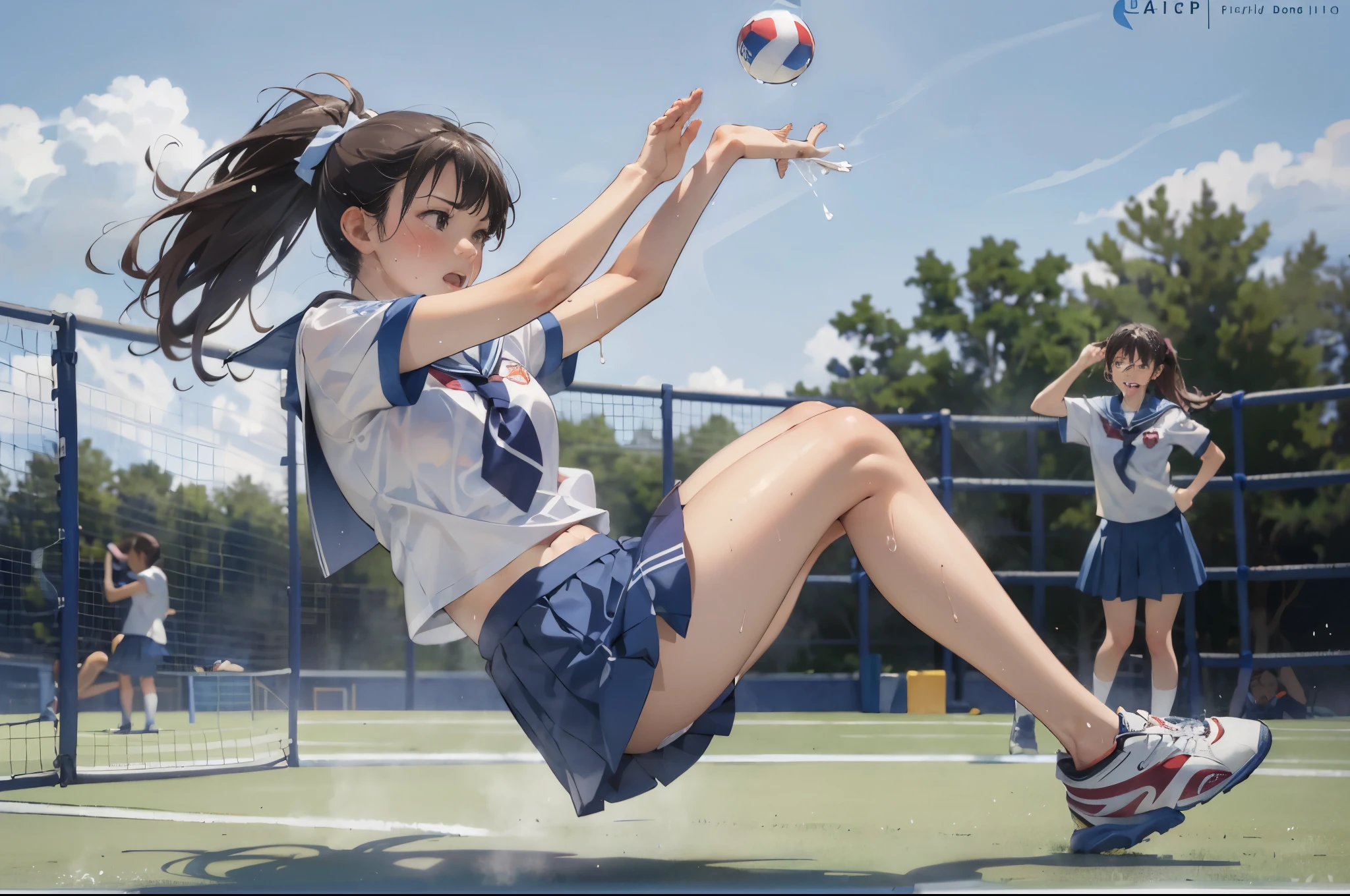 (super flat, flat shading), Honors Type, Really blushing, , (exciting Match:1.5), 2girls, (fighting:1.5), wearing white short sleeves shirt, (school uniform:1.5), wedgie:1.5, cameltoe:1.7, sports shoes, ponytail brown hair, sweaty healthy body, sweaty soaking wet full body, bare legs, navel, ultra realistic, early morning, breeze, in crowded public gymnastics,
