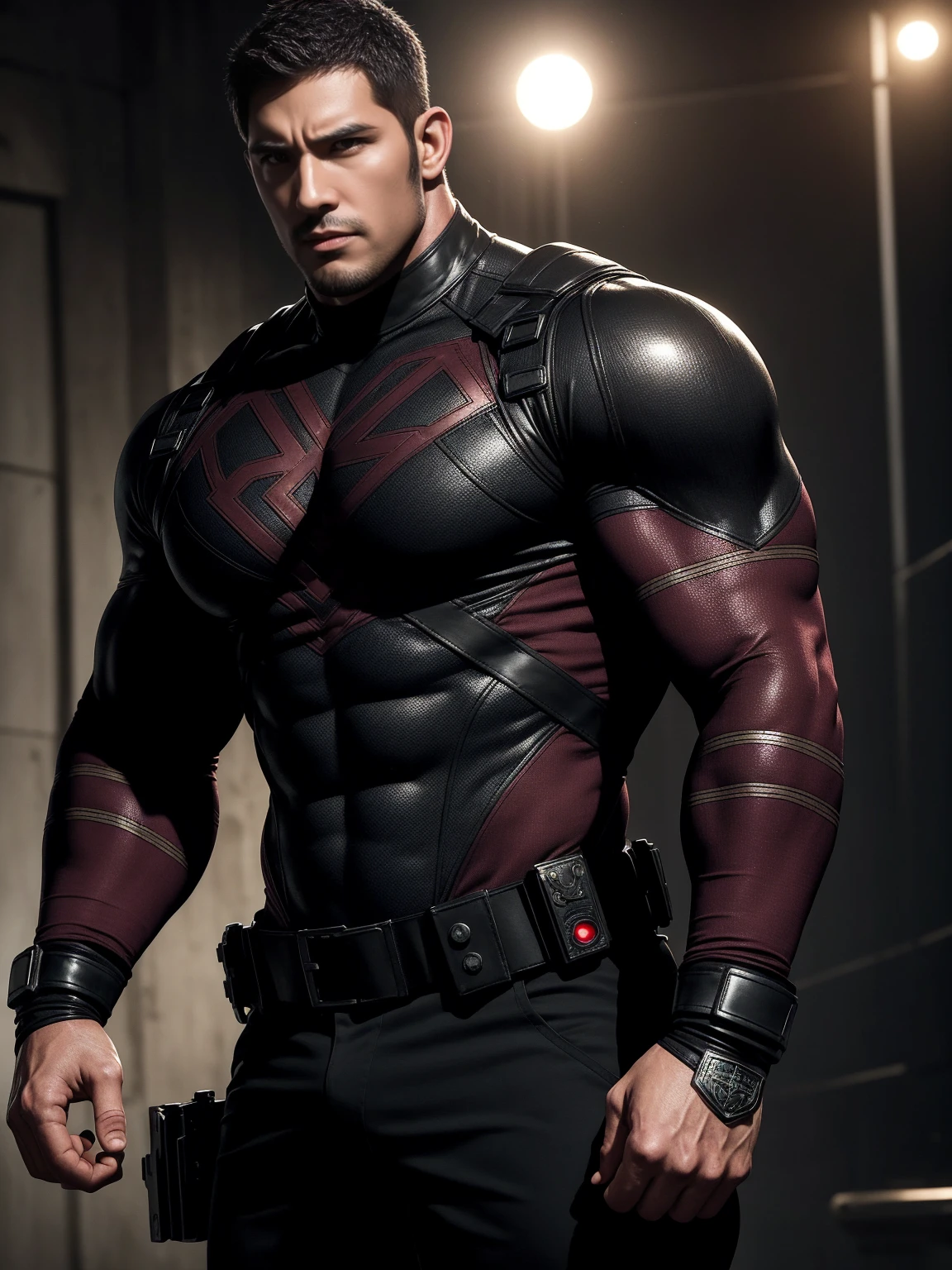 One Tall giant muscular police officer,  On the old-style outdoor streets, Wear a long-sleeved burgundy superhero Black Panther bodysuit, Elastic spandex material，The expression is arrogant, Lift your chin, Messy hair, Thick thighs, High collar, long sleeve, burgundy superhero bodysuit, very tight, Regular symmetrical pattern, Highlight muscles, Police uniform pants, character concept（Resident Evil - Chris Redfield, Chris Redfield）A proud expression, Deep and charming eyes, Heroic male pose, tall Burly, muscular！muscular thighs, tough guy, perfect facial features, High, Burly, Heqiang, Super polished and cool, High Resolution Committee, Charismatic, The sun is blazing, dazzling