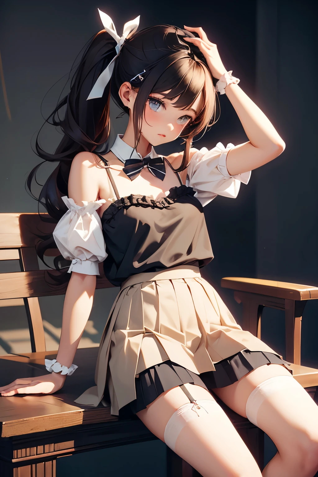 One Girl、Cat ears headband、Cat tail、Maid、Short skirt、Thigh-high socks、Striped pants、Highest quality、8K、Beautiful Face、Mischievous smile、Wink、View Viewer、Bright cafe