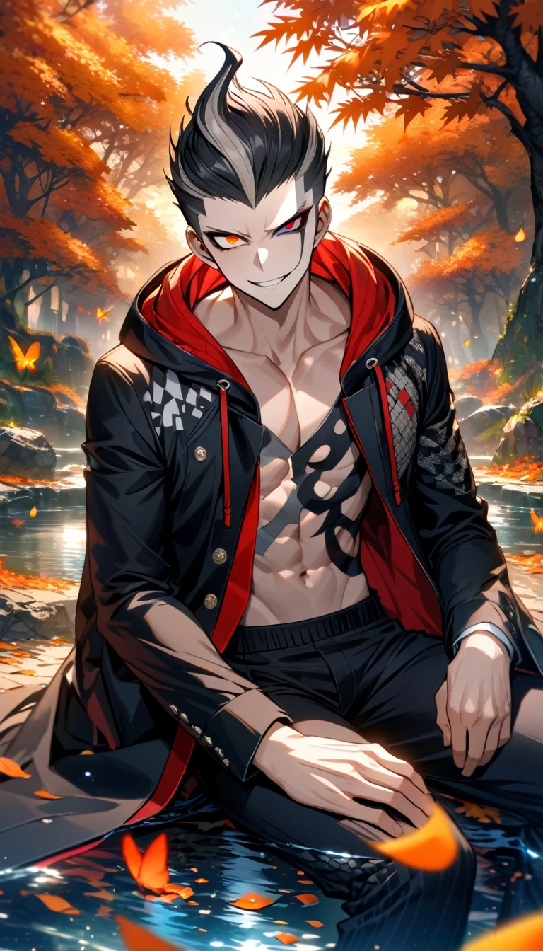 Ultra detailed, Highres, absurdres, HDR, Tanaka Gundham, black hair, heterochromia, expressive right red eye, expressive gray left eye, black long coat with patterns with a hoddie, Danganronpa 2, orange flowers, petals, handsome, sexy man, solo, very detailed eyes and face, water, butterflies, black tight t-shirt, master piece, toned chest, orange leaves, autumn, smirking, sitting,