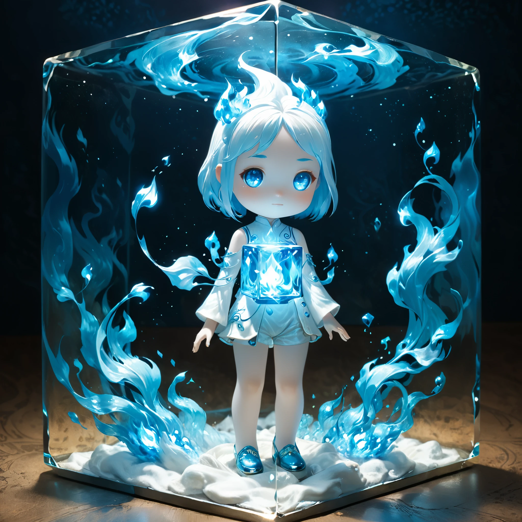 (glass cubes:1.2),(the white clothes blue fire elemental is inside the cube:1.2),surrealist style,(depicting (((blue fire))) Elemental  figurine designed:1.2),character design by Liu Ye,Edwin Austin Abbey,
BREAK
long white hair,white eyes,white clothes,
BREAK
(pose:1.4),(the lines of movement of the wind:1.4),(elementalized body:1.1),
BREAK
floating tinder,highres,wallpaper,((art nouveau)),Cinematic Lighting,metallic luster,moody lighting,(sparkle_background:1.4),