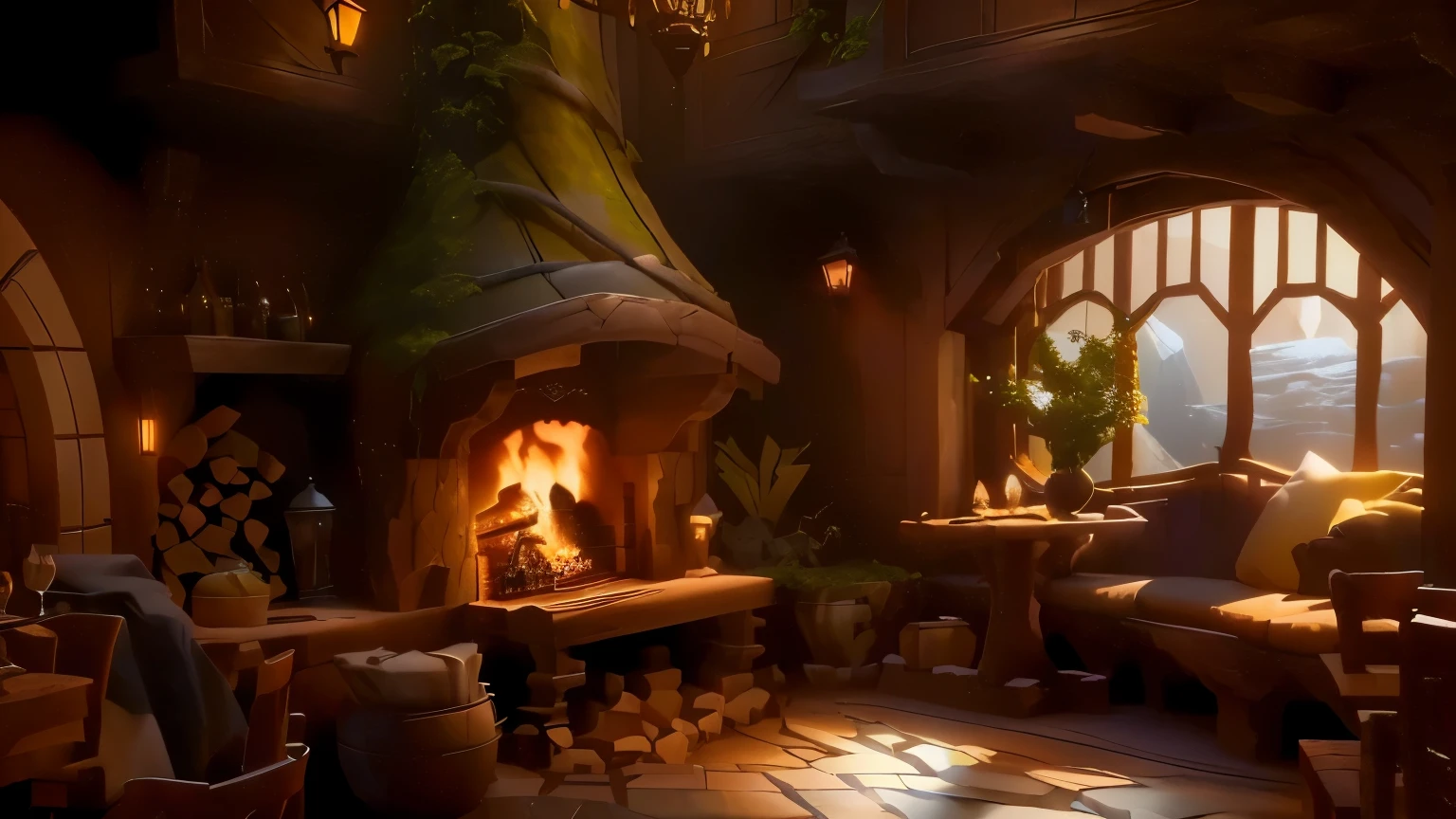 there is a fireplace in a room with lots of wood, na taverna de fantasia perto da lareira, uma taberna aconchegante multidimensional, estilo fantasia 8 k octane rendering, cena encantada aconchegante, em sua casa de hobbit, (octane rendering) estilo fantasia, lugar aconchegante, Cena estilizada em 3D, ambiente aconchegante, fundo de taverna de fantasia, interior de uma toca de hobbit, detailed textures and lighting