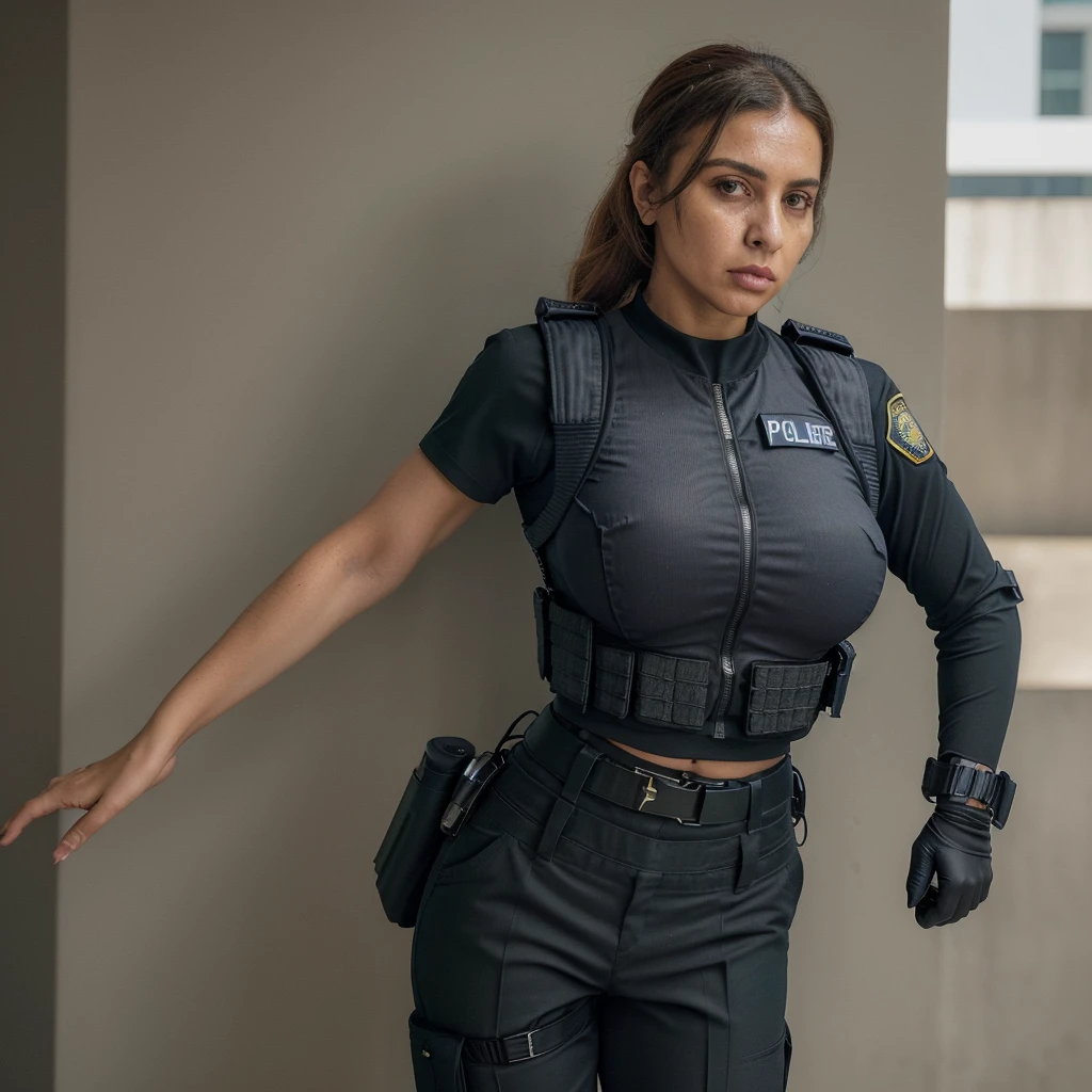 Mulher linda com roupa de policial, wearing police uniform with bulletproof police vest, wearing a tactical shirt and police tactical pants, also using a contour and also with a pistol on the waist, corpo perfeito, seios grandes, bunda larga, estar no meio de uma rua, serious look