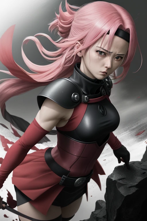 Sakura Haruno, um ninja determinado e compassivo da vila de Konoha, is in his recognizable red outfit, symbolizing his fiery spirit. Her green eyes gleam com intelligence, e seu cabelo rosa flui como uma bandeira de batalha."
[3] com "The background is a void of pure black, a stark contrast that emphasizes Sakura's presence, as if on the precipice of an abyss, highlighting the isolation of his warrior trajectory."
[4] com "The weather is intense and serious, reflecting Sakura's determination and willpower. It evokes a sense of inner strength and focus."
[5] com "The atmosphere is heavy and mysterious, filled com anticipation. O contraste gritante entre Sakura e o fundo preto cria um tom de suspense e drama."