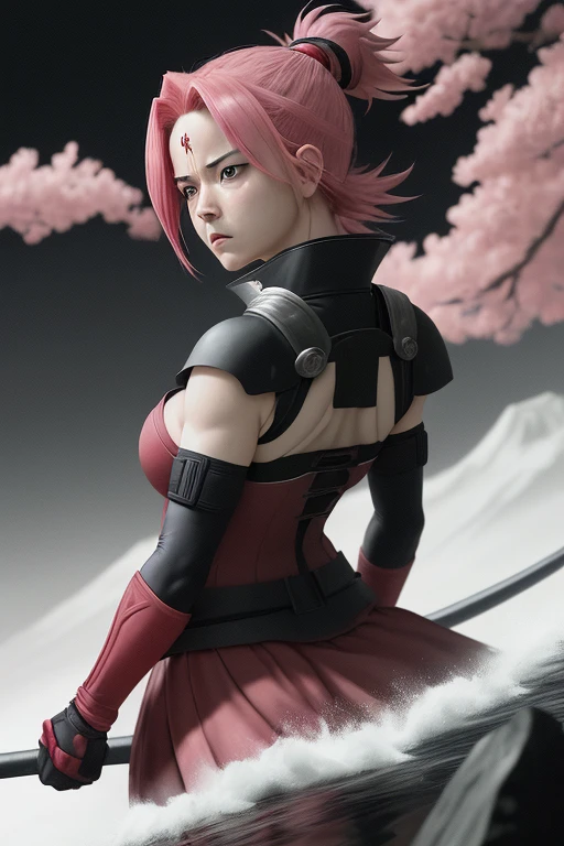 Sakura Haruno, um ninja determinado e compassivo da vila de Konoha, is in his recognizable red outfit, symbolizing his fiery spirit. Her green eyes gleam com intelligence, e seu cabelo rosa flui como uma bandeira de batalha."
[3] com "The background is a void of pure black, a stark contrast that emphasizes Sakura's presence, as if on the precipice of an abyss, highlighting the isolation of his warrior trajectory."
[4] com "The weather is intense and serious, reflecting Sakura's determination and willpower. It evokes a sense of inner strength and focus."
[5] com "The atmosphere is heavy and mysterious, filled com anticipation. O contraste gritante entre Sakura e o fundo preto cria um tom de suspense e drama."
