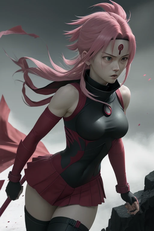 Sakura Haruno, um ninja determinado e compassivo da vila de Konoha, is in his recognizable red outfit, symbolizing his fiery spirit. Her green eyes gleam com intelligence, e seu cabelo rosa flui como uma bandeira de batalha."
[3] com "The background is a void of pure black, a stark contrast that emphasizes Sakura's presence, as if on the precipice of an abyss, highlighting the isolation of his warrior trajectory."
[4] com "The weather is intense and serious, reflecting Sakura's determination and willpower. It evokes a sense of inner strength and focus."
[5] com "The atmosphere is heavy and mysterious, filled com anticipation. O contraste gritante entre Sakura e o fundo preto cria um tom de suspense e drama."