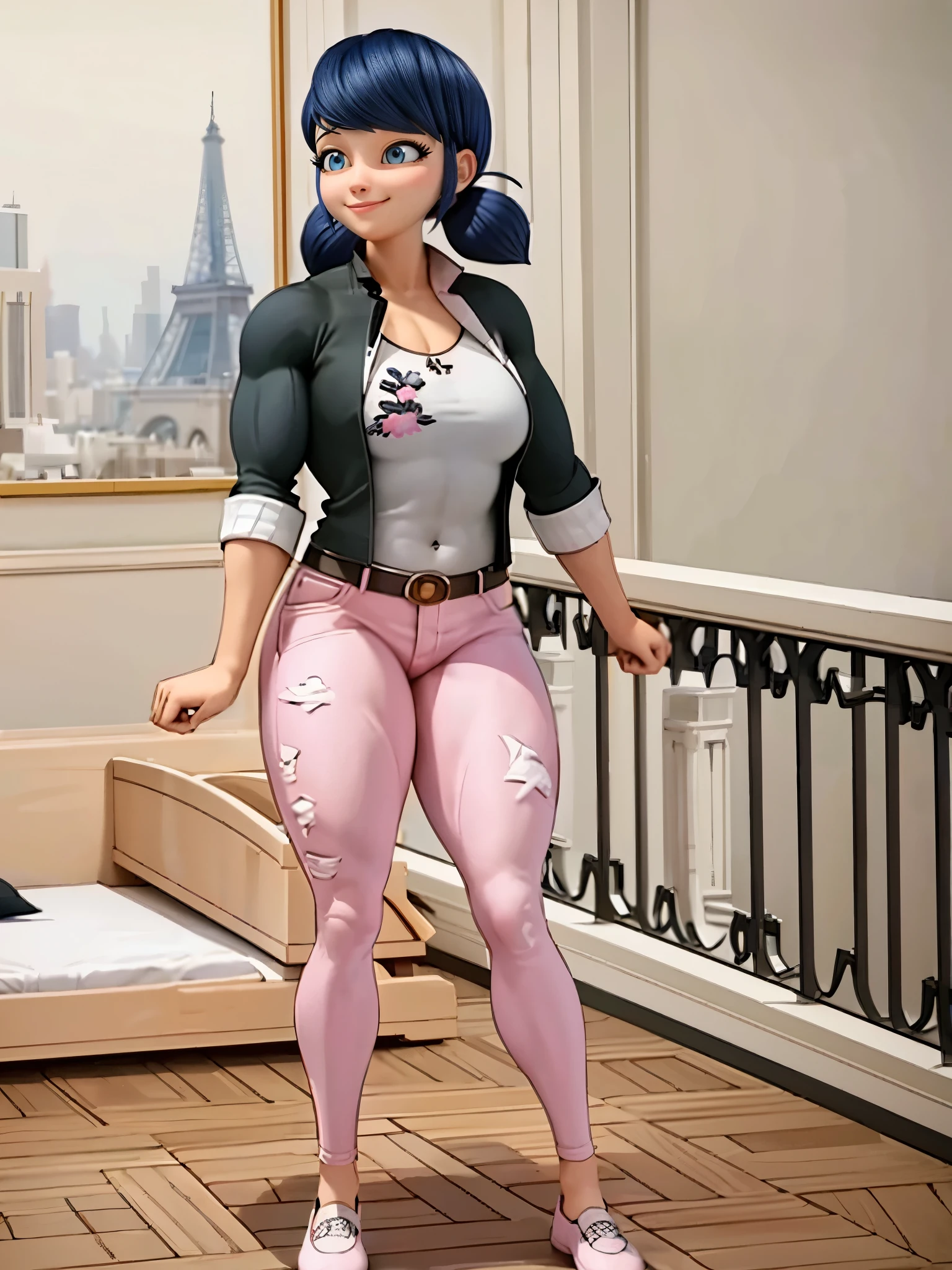 (big muscular female bodybuilder, beautiful detailed eyes, beautiful detailed lips:1.1,strong physique, two short pigtails, (smile), ( Marinette wears a white printed shirt ), ((( dark pink jean's , plane jean's, without pattern))) black jacket,, and ballet flats.), lifting weight, muscular arms and legs:1.2, toned abs, powerful expression,sweating:1.1, bed background:0.9, intense focus:1.1, vibrant colors, dramatic lighting), rippling muscles,sturdy frame,dark tan,fit around the waist,tight abs,strong arms and shoulders,intense expression,determined look,well-defined muscles and veins,straining muscles,artistic pose,steely gaze,side lighting,powerful presence,vivid colors,dynamic composition,studio lighting,physically-based rendering,athletic build,bodybuilding silhouette,professional,gritty texture,bokeh.