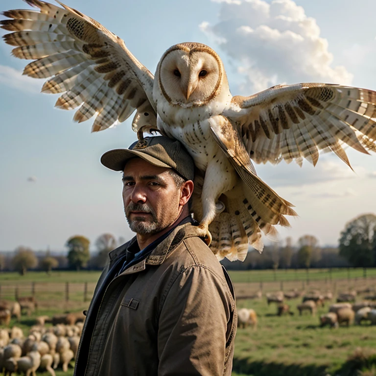 Barn owl over a man's shoulder