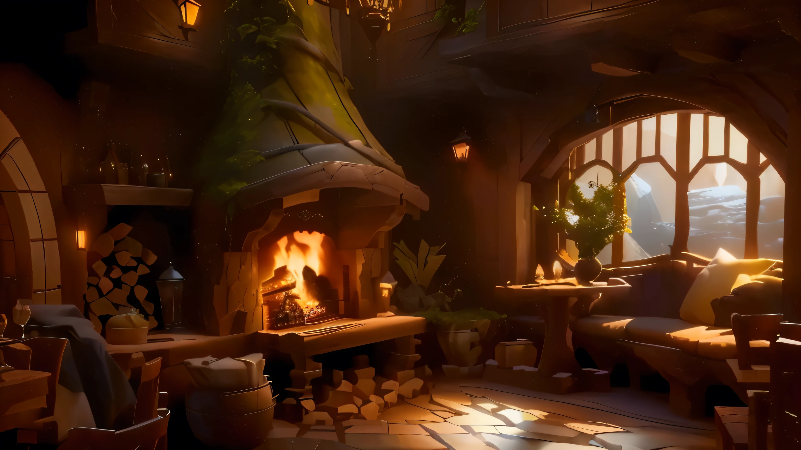 there is a fireplace in a room with lots of wood, na taverna de fantasia perto da lareira, uma taberna aconchegante multidimensional, estilo fantasia 8 k octane rendering, cena encantada aconchegante, em sua casa de hobbit, (octane rendering) estilo fantasia, lugar aconchegante, Cena estilizada em 3D, ambiente aconchegante, fundo de taverna de fantasia, interior de uma toca de hobbit, detailed textures and lighting