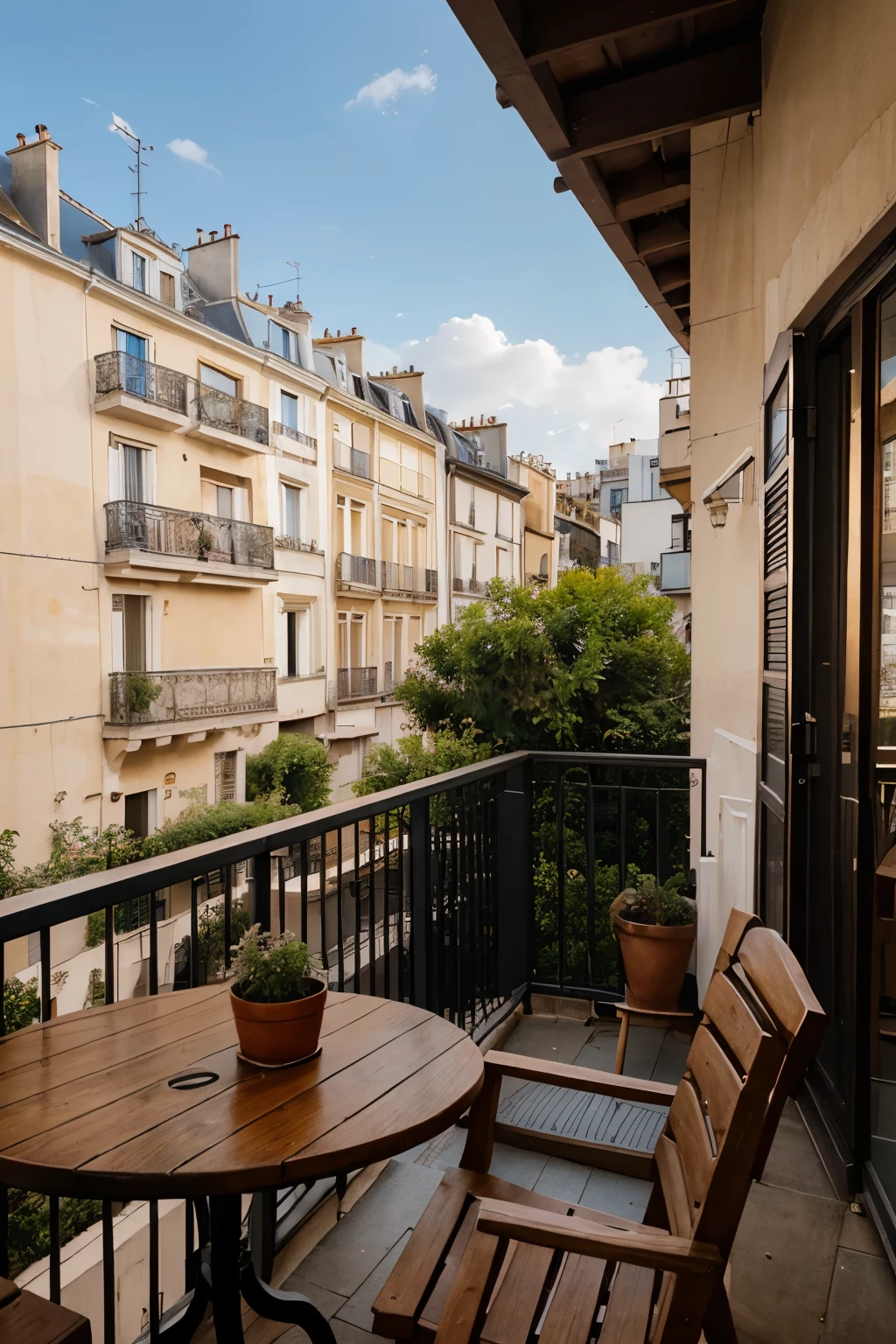 an urban balcony overlooking old buildings, with a round wooden table and two cups of coffee, cercada por vasos de flores cor-de-rosa sobre a mesa e penduradas na balaustrada de ferro, em um dia ensolarado, estilo fotografia, atmosfera tranquila de Paris em formato 1080x1920