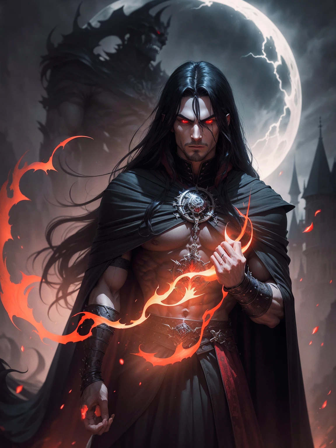 a dark muscular male evil lord, long flowing black hair, black and red cloak, piercing red eyes, menacing expression, powerful aura, standing in a dimly lit chamber,, casting eerie shadows, , adorned with intricate details, with a sinister grin, exuding an aura of darkness, with an intimidating presence, in a gothic castle, with imposing architecture, shrouded in mist, under a blood-red moon, with a storm brewing in the background, creating a foreboding atmosphere, reminiscent of a dark fantasy novel cover, with a dramatic lighting, emphasizing the contrast between light and shadow, evoking a sense of mystery and danger, with a touch of supernatural elements and captivating artistry."