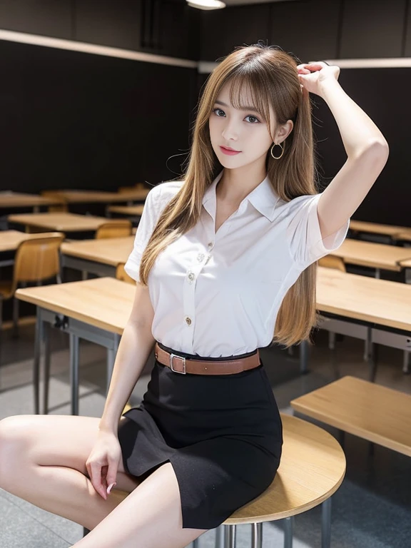 (8k,high resolution,Masterpiece, best quality, alone, complicated details, Chromatic aberration), realistic, ((Moderate breath)), hair in one eye,purple eyes, big round hoop earrings, sharp eyes, Diamond choker, red gemstone necklace,(symmetrical eyes),(Perfect symmetrical body),Photo of a beautiful 21 year old age girl.....,(fit the body), ,Beautiful and charming with contemporary fashion paintings as well........., looking at the audience, ((Behind the scenes of a large classroom)), (black short skirt), ((The young woman wore a form-fitting white short-sleeved shirt......, Unbuttoning, revealing breasts)), ((A short black pencil skirt with a deep slit on the side.......)), belt, ((Put your hands down.)),Bob, long hair, Side flatness,,Copper blonde hair, sit, sharp eyeliner, Blush eyeshadow with thick eyelashes, Very delicate and beautiful, round chin, Sharp focus, elegant,sit fully on the study table Turn your head with your legs open at eye level., Open your legs and lift your right leg over your left leg., Let it rest naturally at eye level.., Separate your legs slightly... dynamic gesture, mahalaiuniform