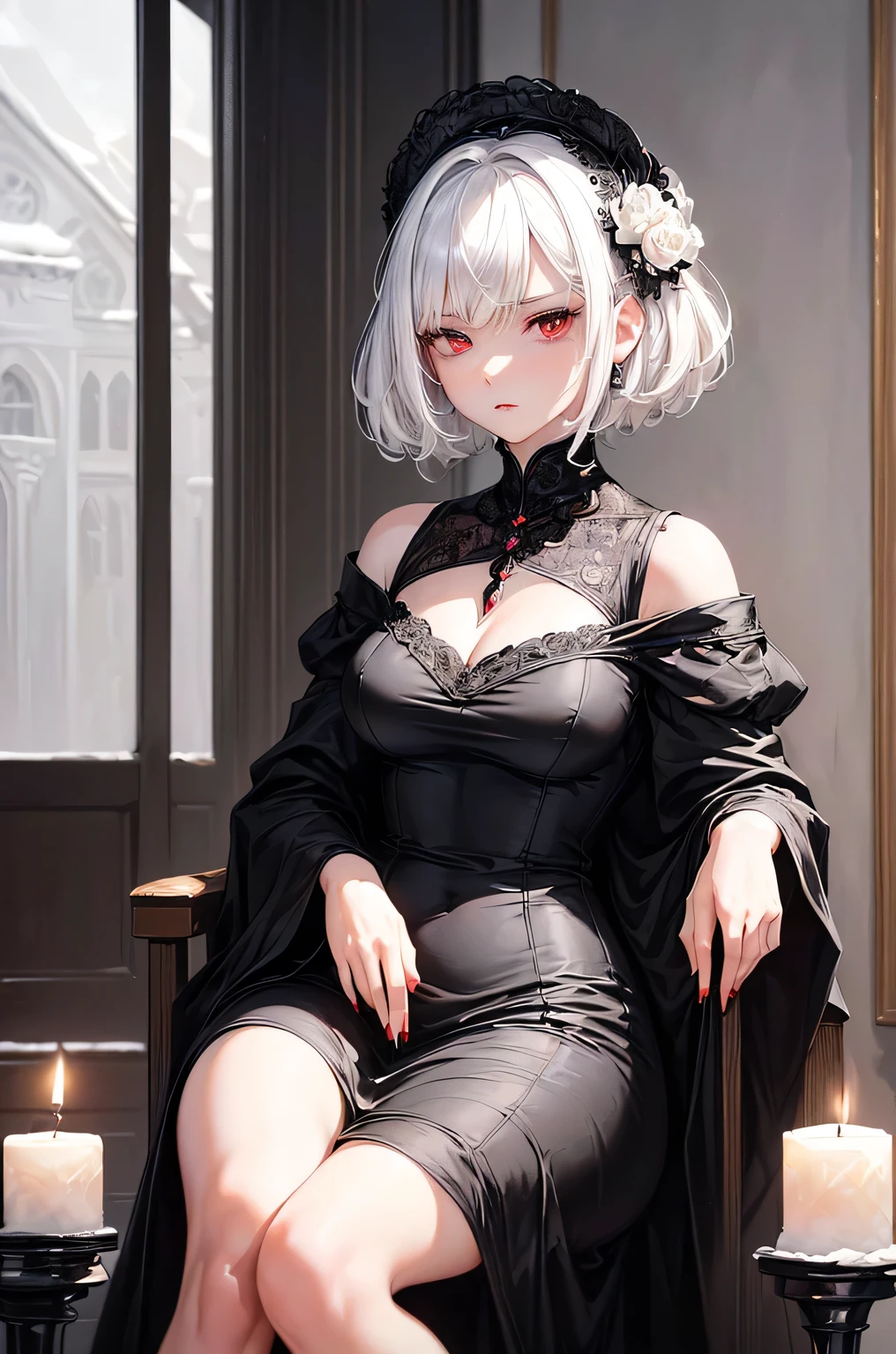 Make a white haired woman in a black dress ((((sitting on a sofa with her 5 year old son))). The boy'hair color is white., the boy is wearing a black jacket, black pants and black shoes.
Sigerencia:
Make the woman and the