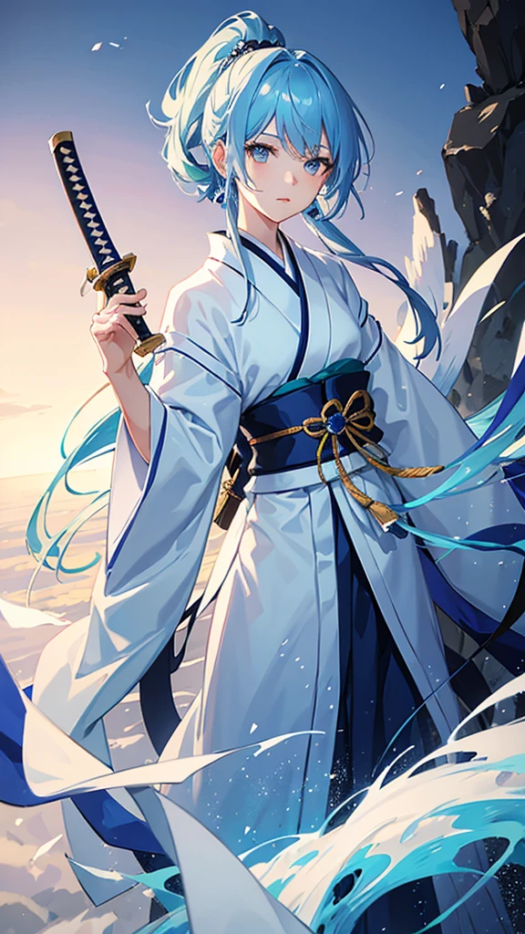 Male with androgynous face　A Japanese woman with sky blue and white hair wearing blue and white clothes. Her hair is long and the background is black.　Holding the handle of a Japanese sword　Facing a gentle front