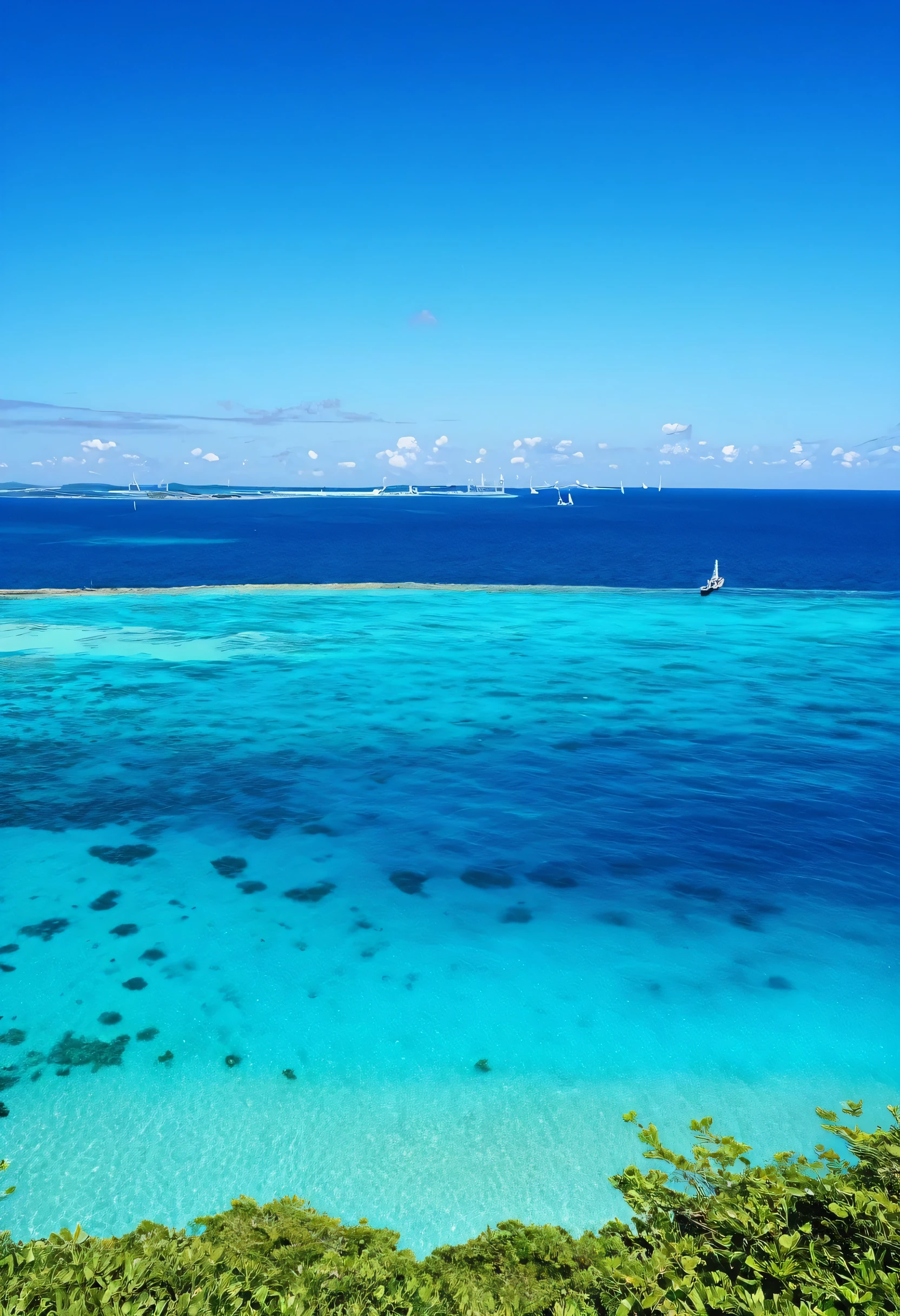 View of a bridge over the sea with ships in the distance, Painting by Tadashige Ono, pexels, shin hanga, okinawa japan, crystal Clear Blue Water, Clear Blue Water, Turquoise Water, Crystal clear sea, Blue Water, Blue Water, Crystal clear water, Turquoise Sea, puddles of Turquoise Water, blue sea