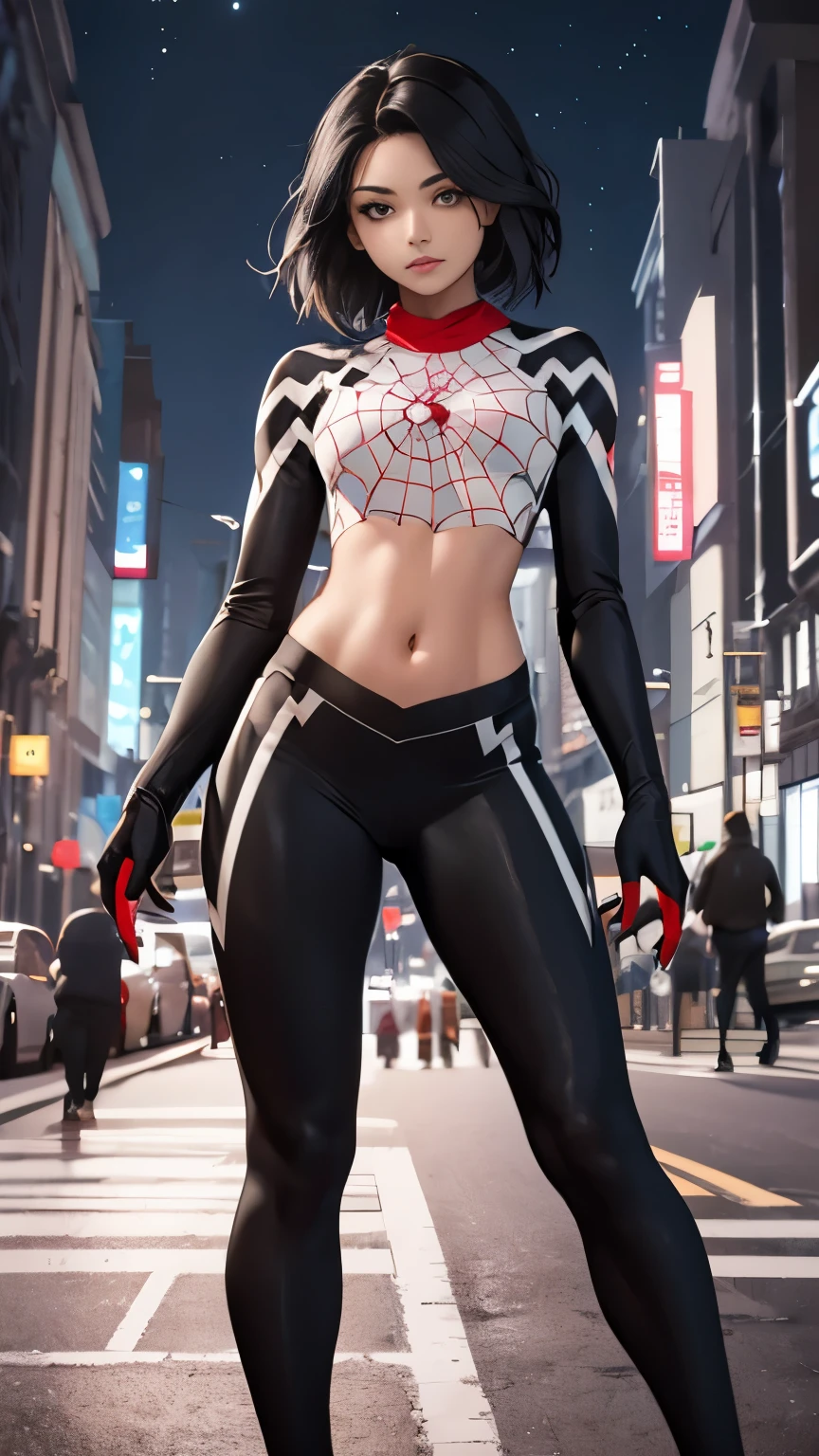 (Highly quality, masterpiece, detailed), Night city detailed scenario, night city detailed background, 20 years old girl, black hair, 1girl, CindyMoon, cindymoon, short hair, Black top, white top, black botton, white bottom, long bottom, spider web print, Crop top, Long Sleeves, Gloves, red finger gloves Abdomen, Expressionless, Navel, beautiful eyes, perfect eyes, looking at the viewer, Sexy pose