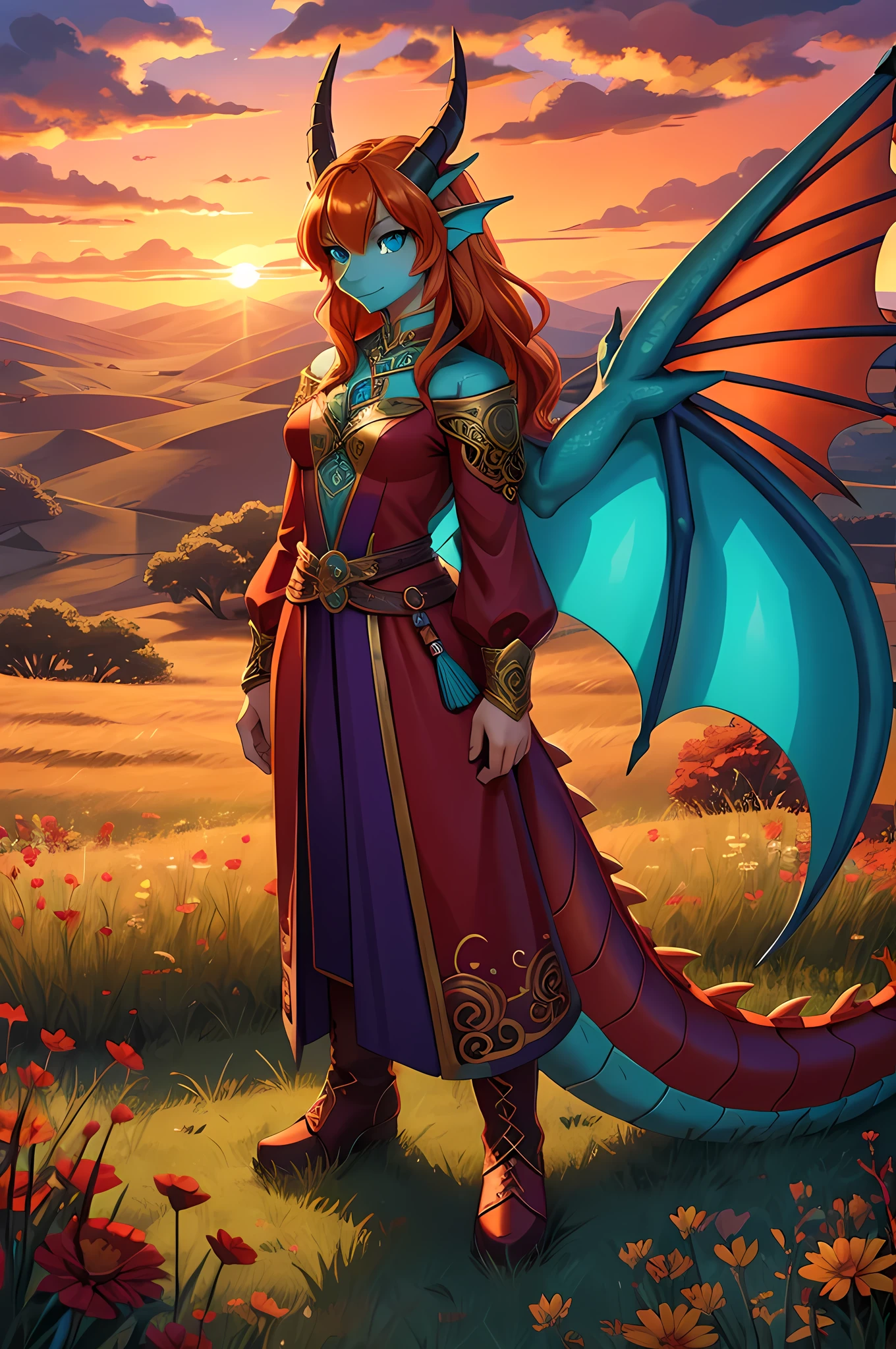 anime style art, fantasy style art, beautiful Celtic dragon girl, young adult European girl, mature young woman, tall character, 5 feet 11 inches tall, long wavy bright orange hair, bright teal eyes, realistic and sparkling teal eyes looking at viewer, shapely body, skinny body, healthy body, orange scaly skin, highly detailed scales, covered in orange scales, purple and red warrior outfit, ornate red clothes, fancy purple patterns and symbols, 2 red dress coattails hanging down her sides, high brown leather boots, long draping red sleeves, 2 large orange dragon wings, wings on both sides, orange dragon horns, standing on top of a tall grassy hill, grassy hills and plains in the distance, sunset, brilliant cloudy sky, sunset lighting up the clouds, high quality digital art, 2k, professional illustration, highly detailed