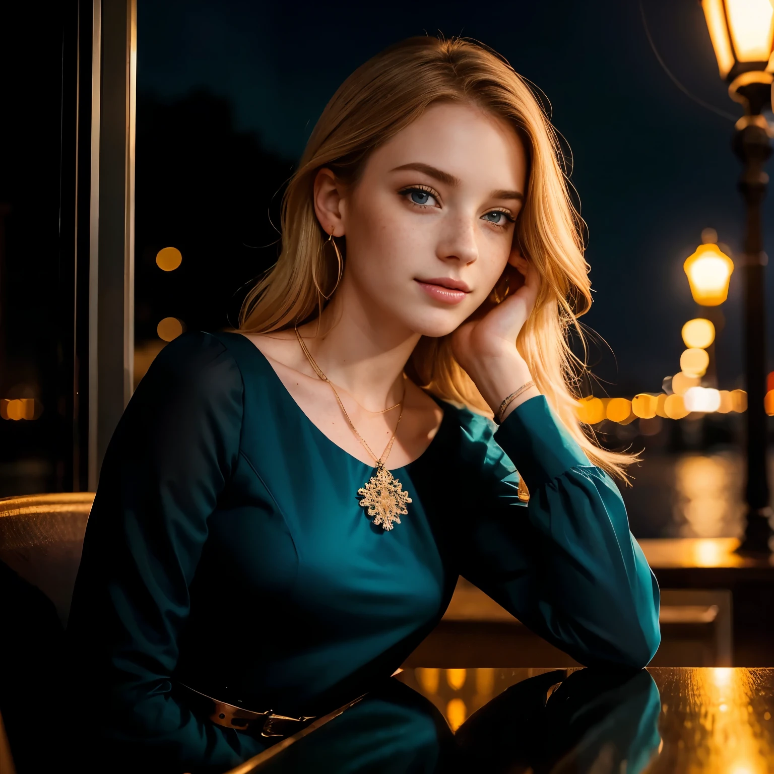 mulher, americana, 25 anos, pale skin and freckles, olhos cinzas, nariz delicado, soft and delicate lips, longo, cabelo blondie longo e ondulado na altura da cintura, sorriso meigo, face with delicate feminine facial features, altamente renderizado