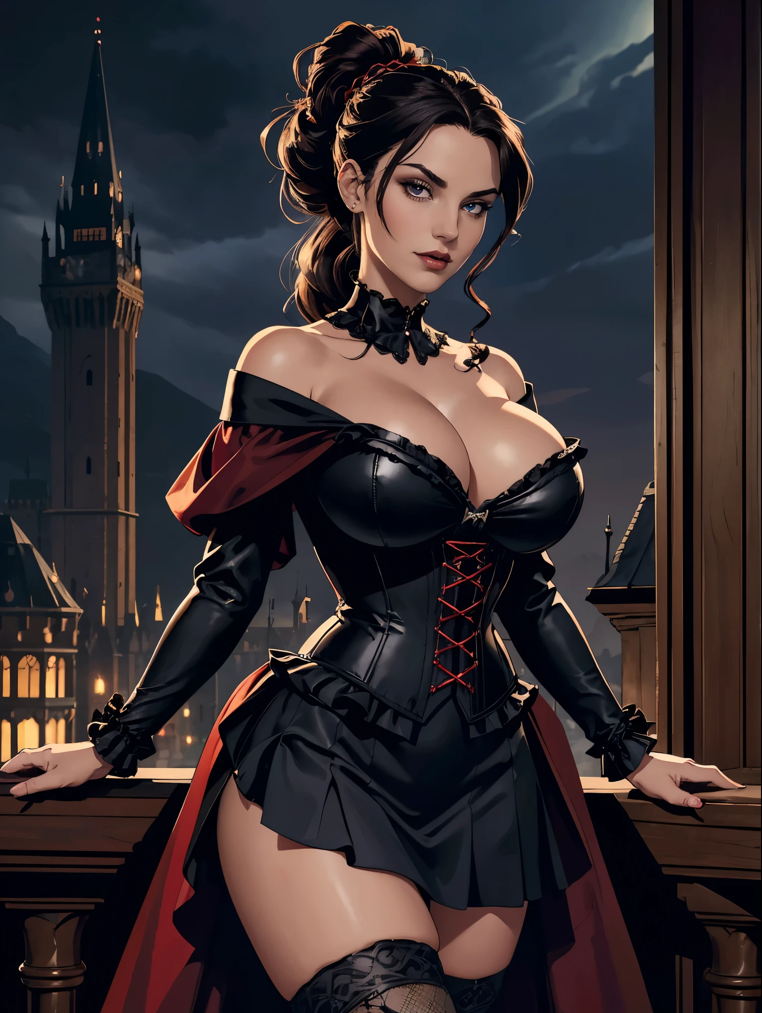 (masterpiece, top quality, best quality, official art, beautiful and aesthetic:1.2), (1girl:1.3), long and curly dark brown hair, ((extravagant updo)), Victorian style, extremely detailed, portrait, looking at viewer, solo, (full body:0.6), detailed background, close up, mischievous eyes, (cold midnight castle theme:1.1), extremely busty vampire, long fangs, blood on chin, huge lips, charlatan, smirk, mysterious, being seductive on a balcony, revealing gothic dress, lace, extremely tight bodice, black attire, red skirts, off shoulder, long sleeves, loose sleeves, black leather, cloak, corset, black dress, fishnets, thigh high black boots, buckles, straps, pouches, glowing blood magic energy, dark red fabric, silver trim, black leather, (ruffled collar), (((gigantic breasts))), cleavage, skindentation, slim waist, slim hips, long legs, medieval (gothic castle exterior:1.1) background, nighttime, dark mysterious lighting, shadows, magical atmosphere, dutch angle