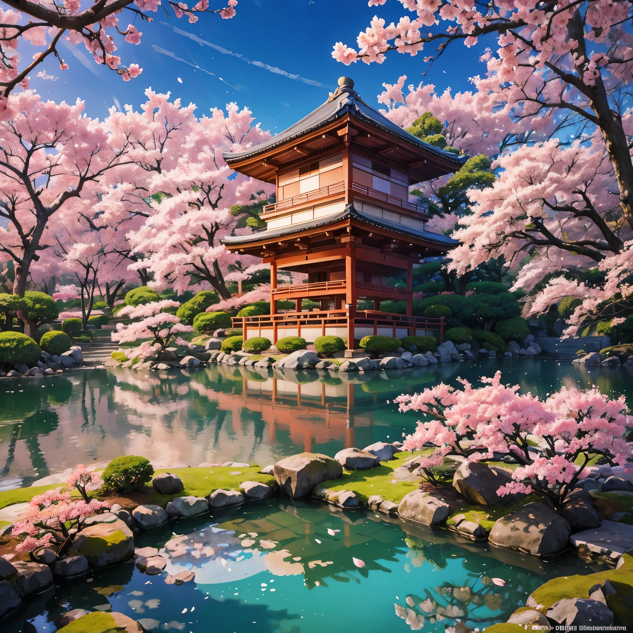 A traditional Japanese garden, sakura trees, lake, plants, traditional Japanese gazebo, plantation, walkway, 8k, super detail, accurate, best quality, award winning, textured skin, high resolution, anatomically correct, bokeh effect,