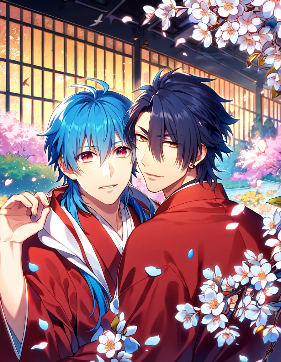 absurdres, highres, ultra detailed, HDR, masterpiece, Koujaku, dark navy hair that is short and a little chopped at the top, expressive red eyes, Dramatical Murder, Seragaki Aoba, blue hair, expressive golden eyes, 2men together, gay couple, yaoi, handsome, red kimono, designed with decorations such as blue leaves, birds and blossoms, petals, garden