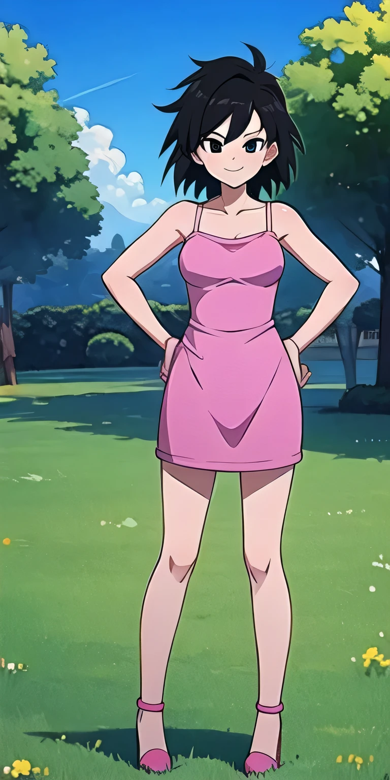 Gine, Pink Camisole dress, black hair, spiky hair, breasts, bare shoulders, collarbone, black eyes, looking at viewer, smiling, medium shot, standing, outside, park, grass, blue sky, high quality, masterpiece, one hand on her hip, pink high heels