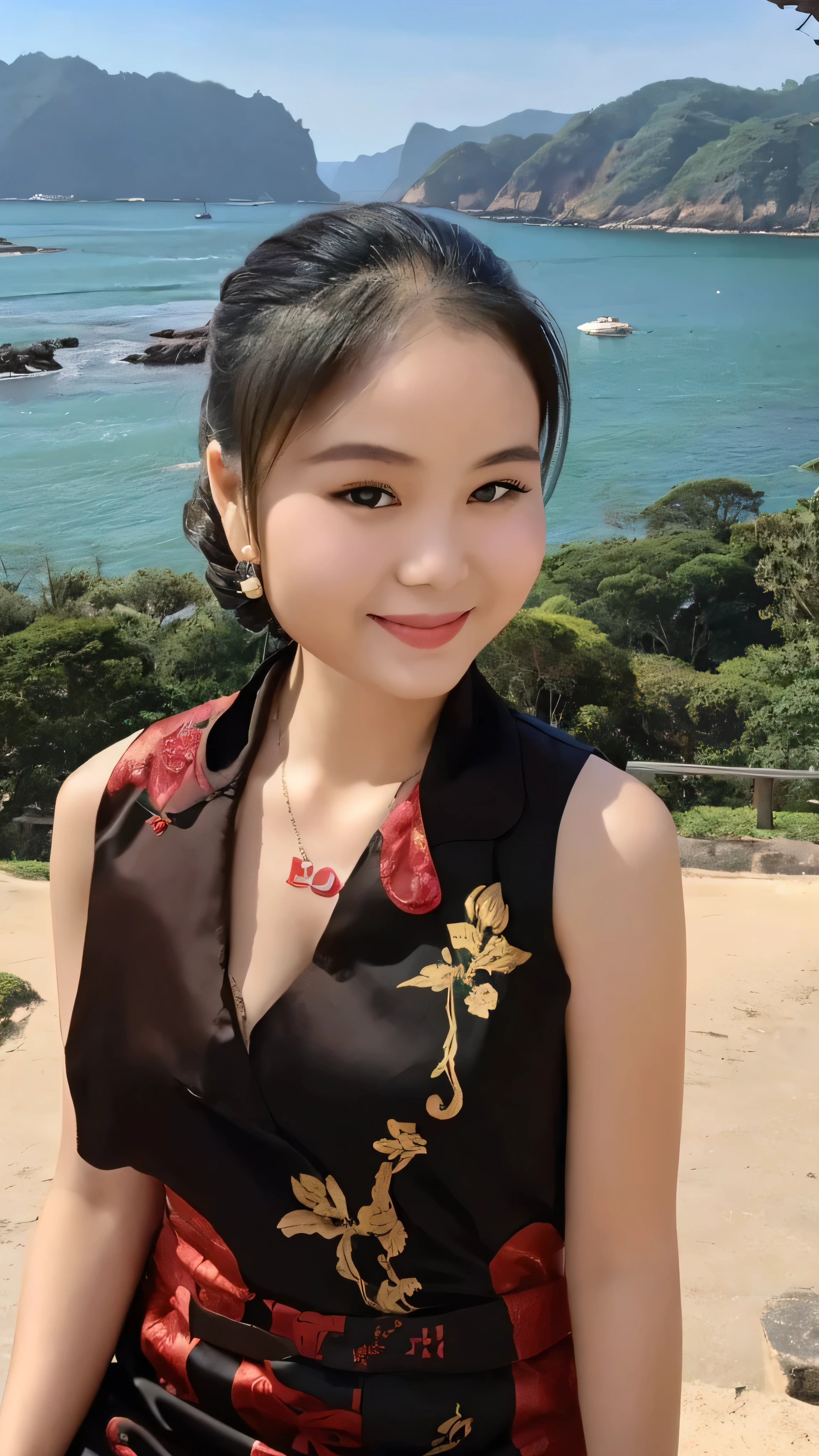 1 girl, alone, looking at the viewer, dark blonde long hair, hair is tied up, ((Chinese cheongsam dress, sexy cheongsam)), sleeveless, brown eyes, Coastal rocky background, small breast , smile, sitting, realistic, masterpiece, 最high quality, high quality, High resolution,