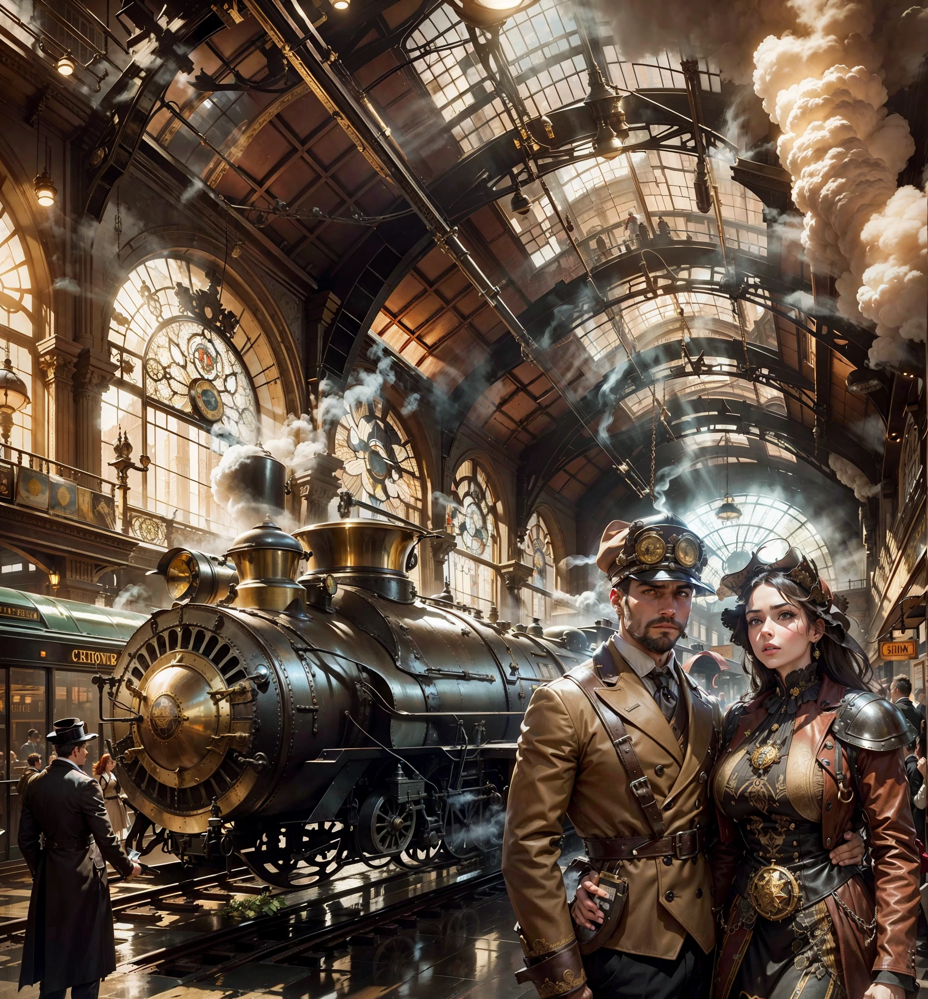 1820 Location: New York City (Specify a borough if you have one in mind, like Manhattan or Brooklyn) Station Description: Architectural style: Steampunk Flooring: Polished marble gleams in the gaslight, reflecting the intricate patterns of the arriving passengers. Windows: Towering stained glass windows depict fantastical landscapes and mythical creatures, casting a kaleidoscope of colors across the bustling station floor. Dome: A massive iron and glass dome soars overhead, allowing natural light to stream in and billowing steam to escape. Arrival of the Train: A colossal Hover steam train, flying 5 feet above the ground adorned with brass fittings and smokestacks, pulls into the station with a mighty hiss. Billowing plumes of smoke erupt from the engine, momentarily obscuring the grand facade of the station. A lot of smoke and fogThe ground vibrates with the rhythmic thrumming of the engine, sending tremors through the throngs of eager passengers, adventure, dramatic lighting, shadow, in the corner a lovely couple in honey moon with their lovely eyes