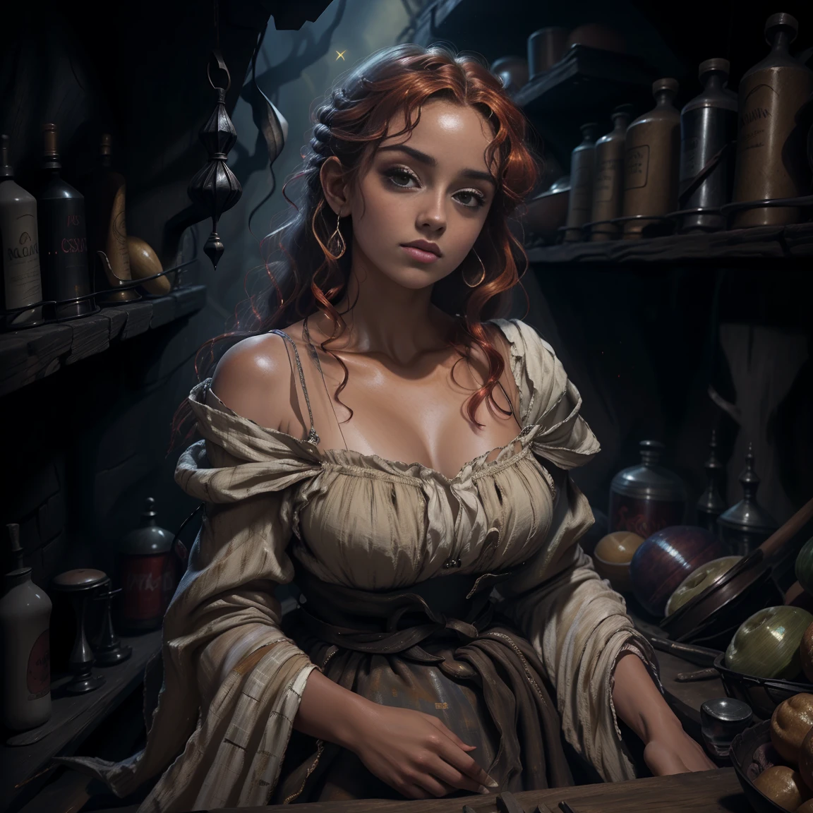 pintura de uma mulher com cabelo loiro e um estrangulamento em um vestido preto, Estilo de arte de John Collier, Donzela com cabelo loiro acobreado, estilo de Karol Bak, uma jovem loira, Retrato de uma jovem bruxa, No Bowater Art Style, Directed by: Roberto Lenkiewicz, Geraldo Brom, Alberto Lynch, portrait of princess merida, Dave Sim, Red-haired girl in a shadowy palace, vestido preto e roxo de veludo usando um kokoshnic, roupa luxuosa de cigana, head adornment, Gargantilha de renda, obra-prima, mais alta qualidade, (sozinho), (rosto perfeito: 1.3), (alto detalhe: 1.2), Dramatic, 1girl, anjo, (pale skinned), longos cabelos ruivos, cabelos vermelhos escuros, (Seios enormes), sobrancelhas claras, cabelo longo, noite, roupa de gypspy medieval de cor purpura e preta, muitas joias, head adornments, olhos azuis, umbigo coberto, pouty lips, Curvilinear, (arms behind back: 1.4), Coberto, Detailed palace background, arte de artgerm e greg rutkowski, cinematic lighthing, , moda, Balenciaga, Alexandre Mc Queen, Glitter, cabelos loiros acobreados, cabelos detalhados e bonitos, pale skinned, garrafa de gordura, large lips, juicy lips beautiful lips, olhos azuis detalhados e bonitos, boechachas gordinhas, Rosto redondo, jovem gordinha, Adolescente gordinha, Chub,  gorda, Mulher com corpo rechonchudo, mulher gordinha, perfect hands, olhos perfeitos, rosto perfeito, vestido preto