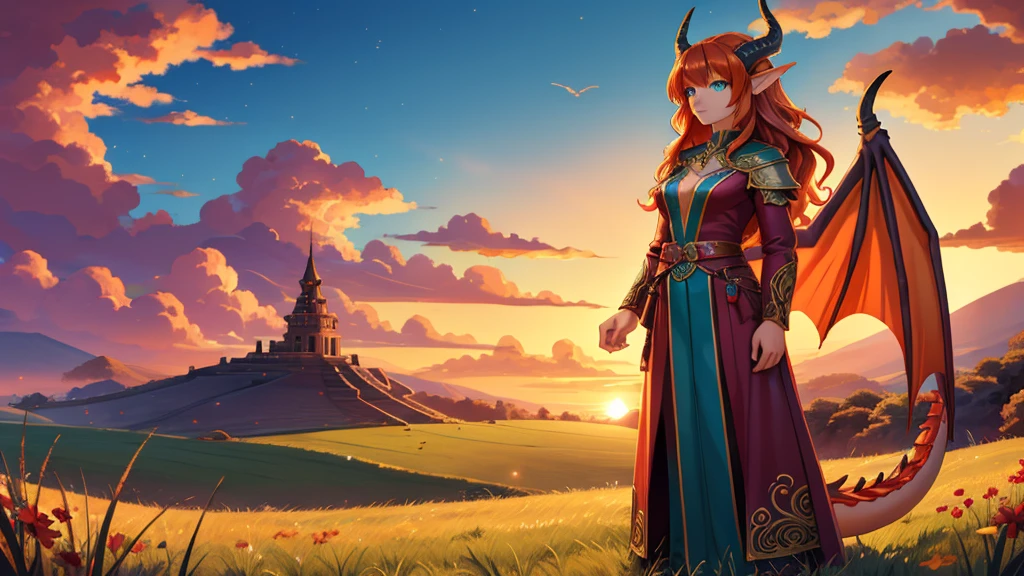 anime style art, fantasy style art, beautiful Celtic dragon girl, young adult European girl, mature young woman, tall character, 5 feet 11 inches tall, long wavy bright orange hair, bright teal eyes, realistic and sparkling teal eyes looking at viewer, shapely body, skinny body, healthy body, orange scaly skin, highly detailed scales, covered in orange scales, purple and red warrior outfit, ornate red clothes, fancy purple patterns and symbols, 2 red dress coattails hanging down her sides, high brown leather boots, long draping red sleeves, 2 large orange dragon wings, wings on both sides, orange dragon horns, standing on top of a tall grassy hill, grassy hills and plains in the distance, sunset, brilliant cloudy sky, sunset lighting up the clouds, high quality digital art, 2k, professional illustration, highly detailed