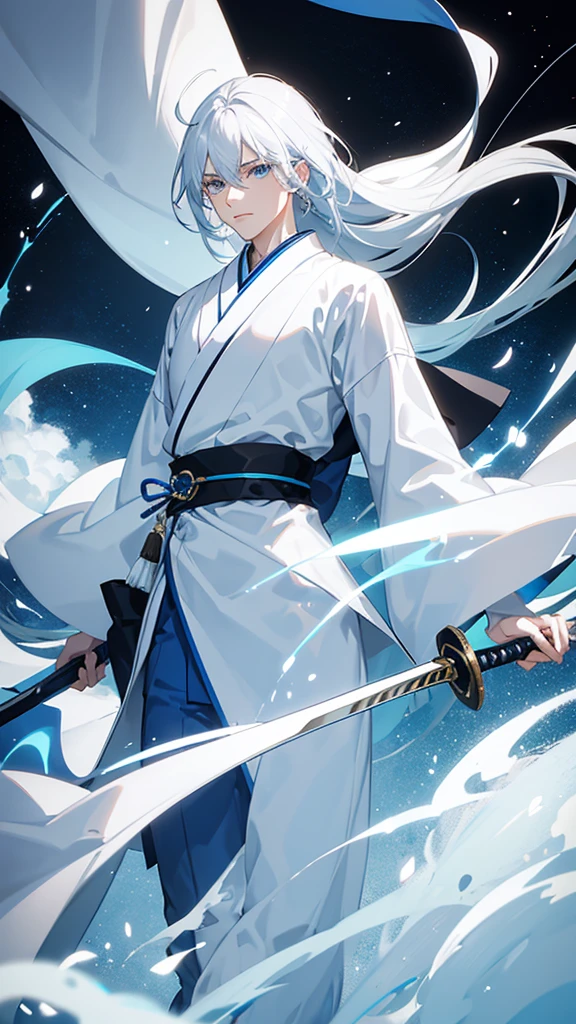 Male with androgynous face Sky blue, white hair, wearing blue and white clothes, long hair, black background Holding the handle of a Japanese sword Facing a gentle front