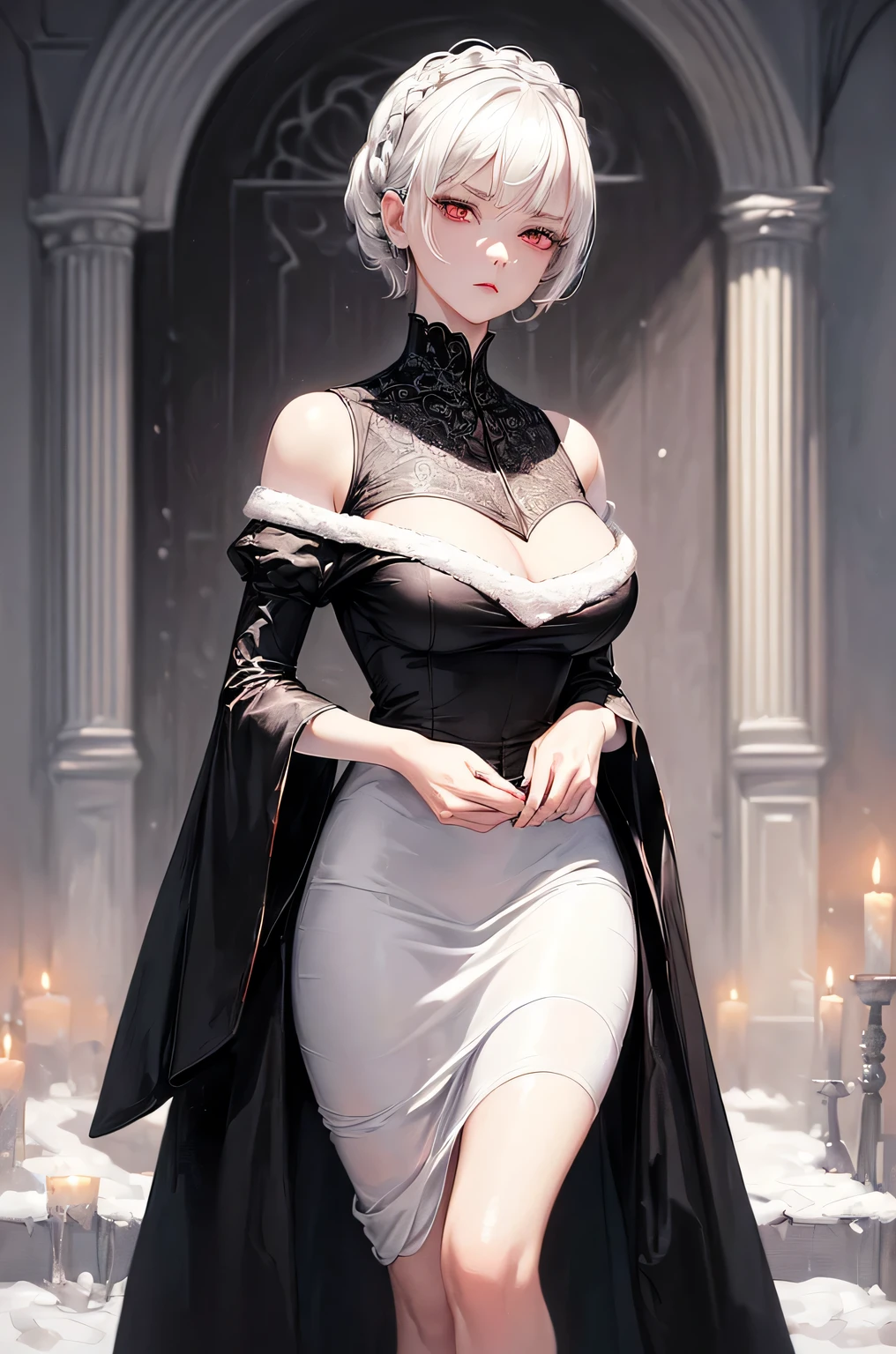 (masterpiece,highest quality)(Above the knee images)(A wonderful woman, Black long dress, Mature Woman, Woman with short white hair, Hair that falls over the shoulders, Pale pink lips, Indifference, Seriousness, bangs, Detailed face, Correct Proportions, (This painting was done in the Gweiz style.。.、Oil painting of a woman with short hair. The entire painting uses a black and white palette. which are loved by the audience. Expressed with detailed depiction.Snow-white hair, Red eyes, exuding a mysterious atmosphere, その女 is dressed elegantly and tastefully, Candles、Beautiful woman looking back