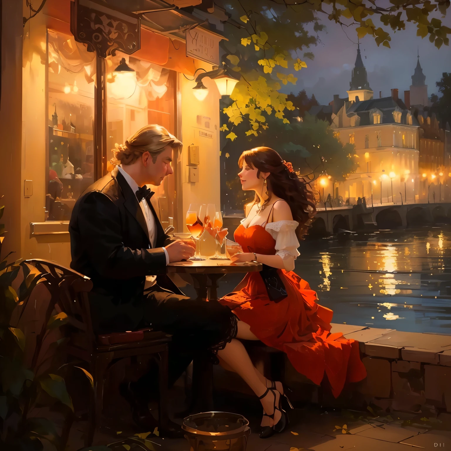 Painting of a couple sitting at a table and drinking, romantic, Inspired by Raymond Leach, Beautiful Ambience, vladimir Volegov, 4K Oil Painting, Night atmosphere, romantic场景, by Charles Rocca, Volegov, Created by experienced artists, author：Brian Thomas, Oil painting style, romantic氛围, Beautiful art UHD 4K