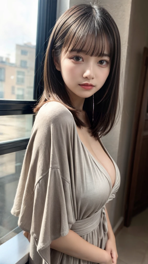 masterpiece, Best Quality, 8K, 20 yo, huge breasts, cuddly, Solo, sad, Cute, Girly, Delicate girl, Neat and clean beauty, Raw photo, Professional Photography, Portrait, Soft light, Professional Lighting, Back lighting, Upper body, front view, Sophisticated, Film grain, (Eyes and faces with detailed:1.0), short length floating hair, beautiful flowing hair, bangs, Lounge Maxi Kaftan