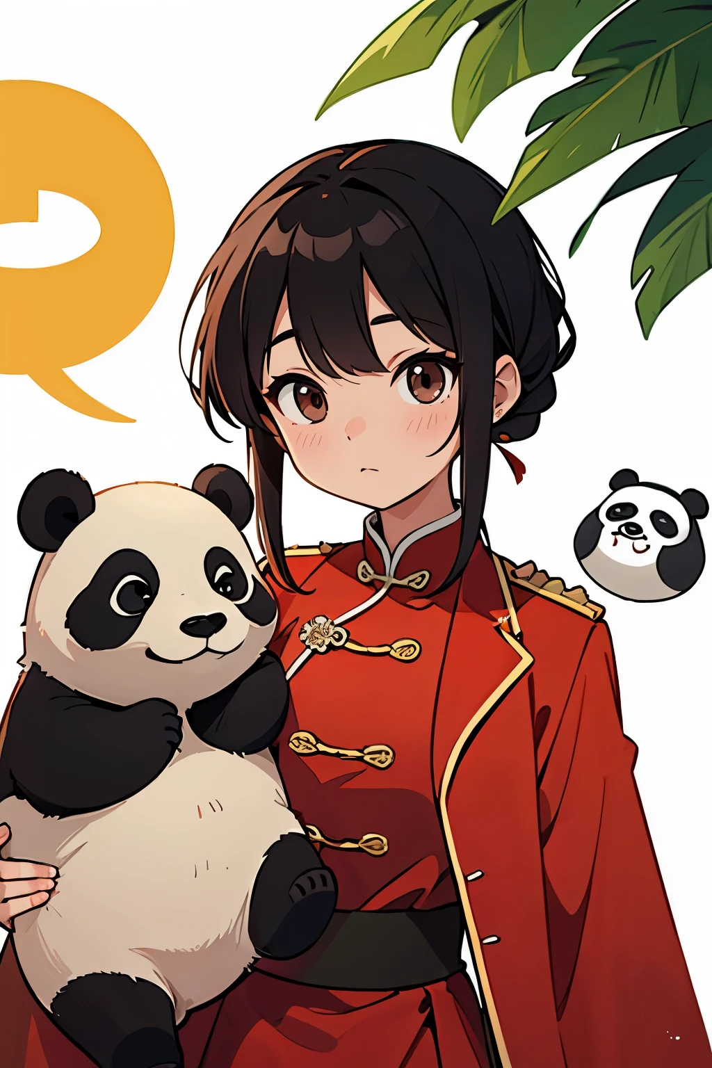 Chinese girl in Mao suit, cute. With one panda, Mao Zedong&#39;s Flag