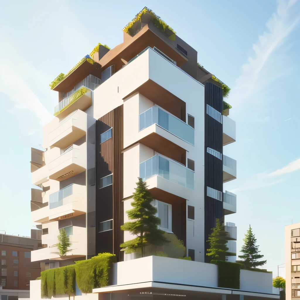 rendering of' A large building with lots of windows and trees at the top, The apartment is modern and lush as a showplace, average vision, rendering of' architecture, Architectural rendering, Architectural rendering, office building, Spell rendering, Sharp HQ rendering, QG illustration in sharp focus, facing the building, Elevation view, Front view, Detailed rendering, output l ' Checkmate, xây dựng thực tế