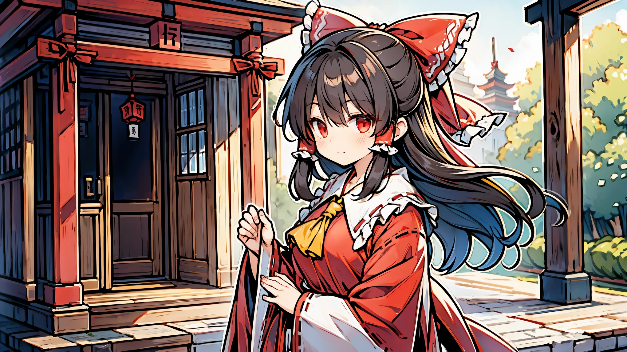 Reimu Hakurei (Touhou Project) Big red ribbon, red and white shrine maiden clothes, long black hair, long sleeves