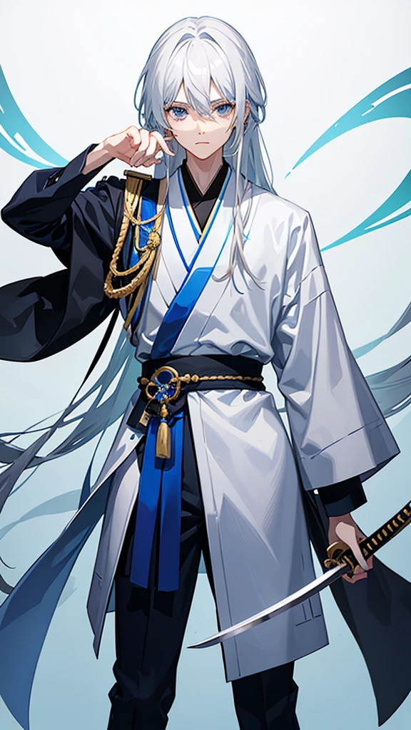 Male with androgynous face　Sky blue, white hair, wearing blue and white clothes, casual clothes, long hair, black background　Holding the handle of a Japanese sword　Facing a gentle front