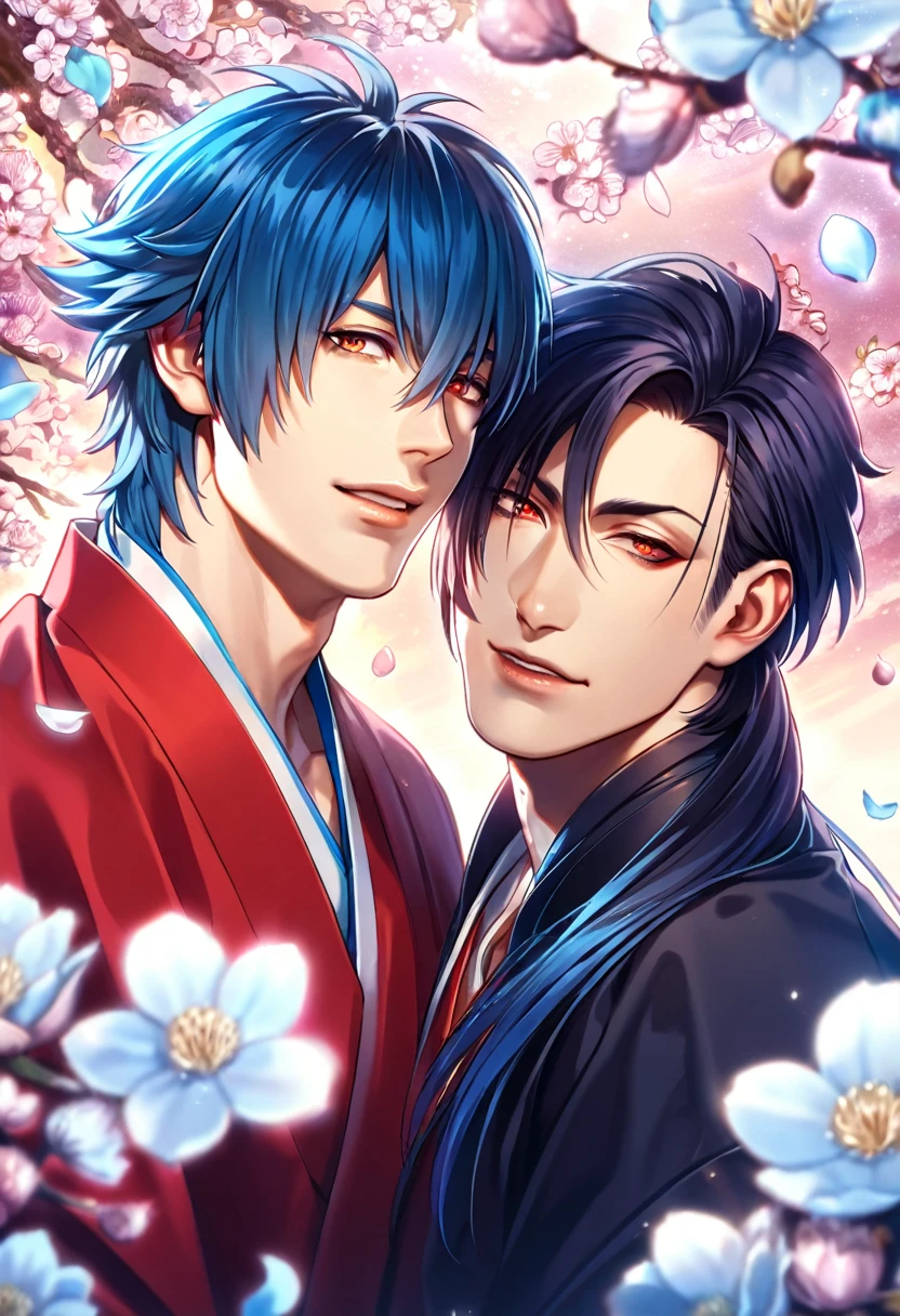 absurdres, highres, ultra detailed, HDR, masterpiece, realistic face, Koujaku, dark navy hair that is short and a little chopped at the top, expressive red eyes, Dramatical Murder, Seragaki Aoba, blue hair, expressive golden eyes, 2men together, gay couple, yaoi, handsome, red kimono, designed with decorations such as blue leaves, birds and blossoms, petals, garden