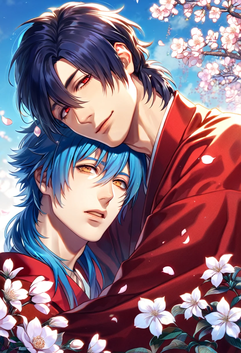 absurdres, highres, ultra detailed, HDR, masterpiece, realistic face, Koujaku, dark navy hair that is short and a little chopped at the top, expressive red eyes, Dramatical Murder, Seragaki Aoba, blue hair, expressive golden eyes, 2men together, gay couple, yaoi, handsome, red kimono, designed with decorations such as blue leaves, birds and blossoms, petals, garden