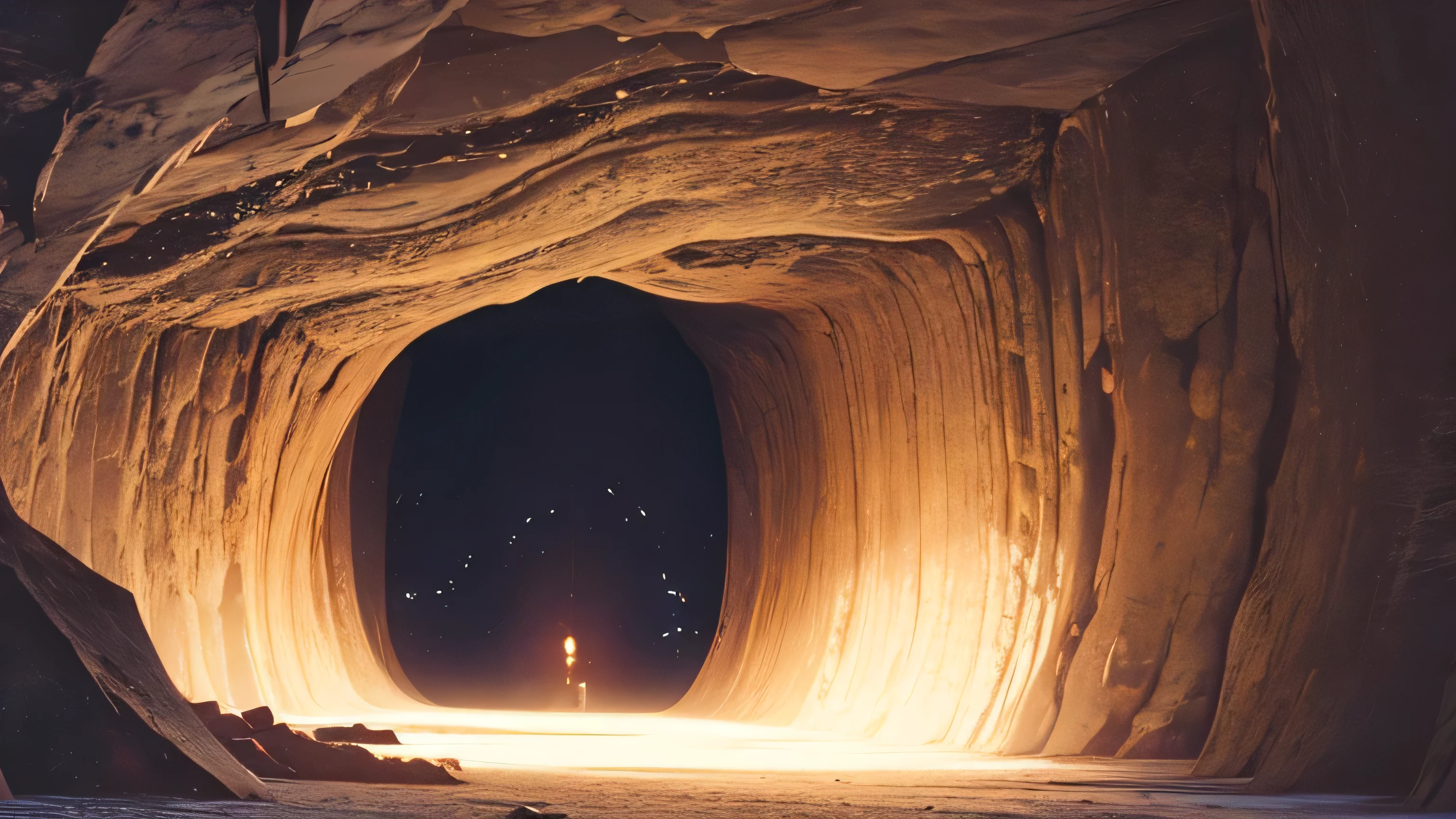 inside of large cave lit from hole in sky