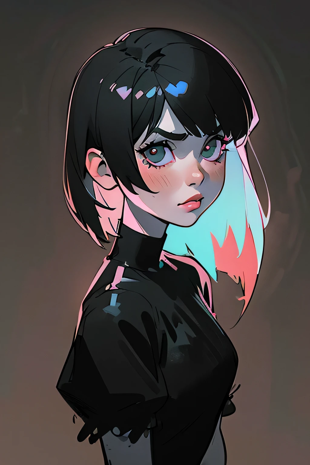 (best quality, sketch:1.2),realistic,illustrator,anime,1 girl, detailed lips, black dress,custom, (background dark monochrome),neon hair,textured cropping, masterpiece, style retro classic, noir dark, art, sketch book, (bob hair black:1.75 neon:1.32), bad women , dark monochrome background 