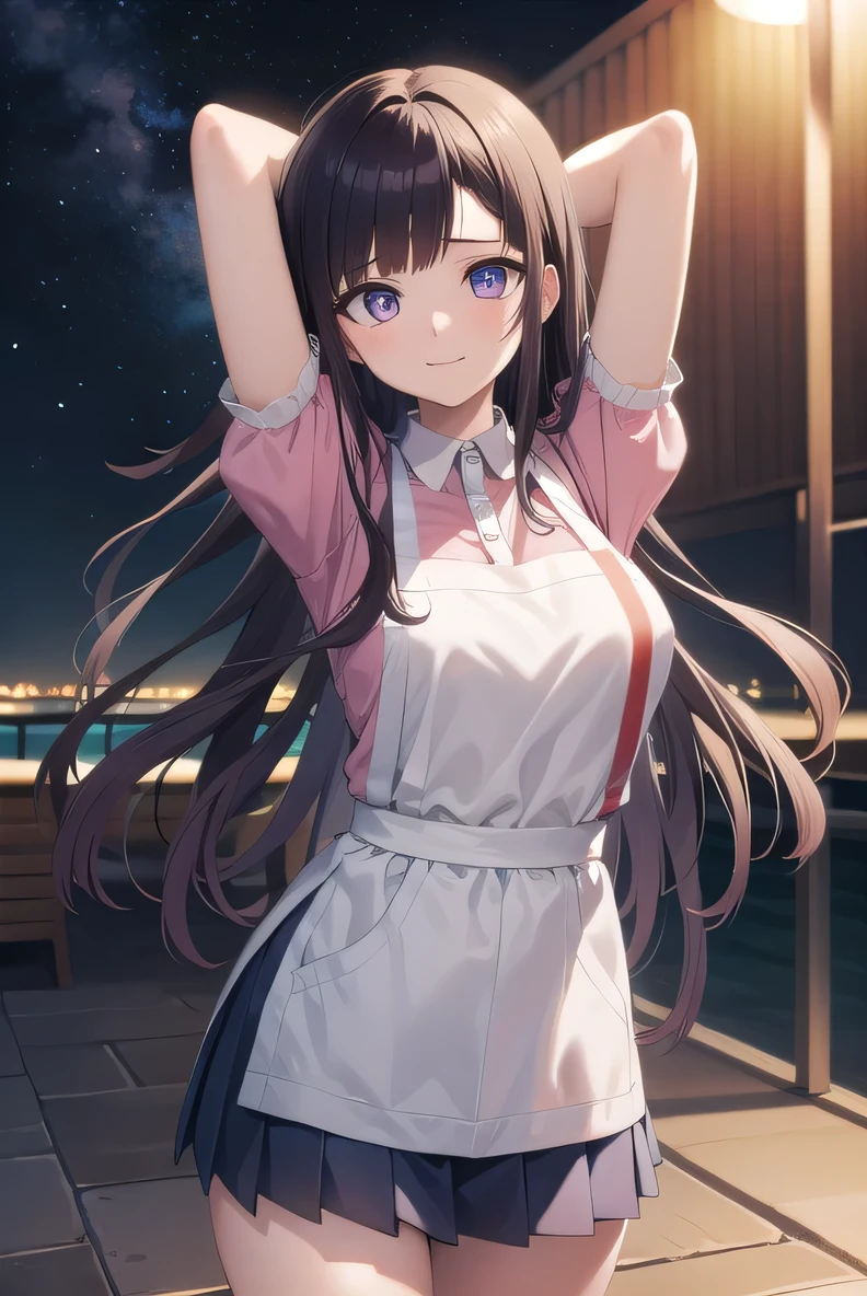 mikantsumiki, mikan tsumiki, long hair, purple hair, (purple eyes:1.1), bangs, blunt bangs, shy, blushing,
BREAK apron, bandaged leg, bandages, collared shirt, miniskirt, pink shirt, pleated skirt, puffy short sleeves, puffy sleeves, shirt, short sleeves, skirt, two-tone shirt, white apron, white shirt,
 solo, (cowboy shot:1.5), night sky, beach, arms behind head, contrapposto, spread armpits, looking at viewer, best quality, smile
BREAK (masterpiece:1.2), best quality, high resolution, unity 8k wallpaper, (illustration:0.8), (beautiful detailed eyes:1.6), extremely detailed face, perfect lighting, extremely detailed CG, (perfect hands, perfect anatomy),