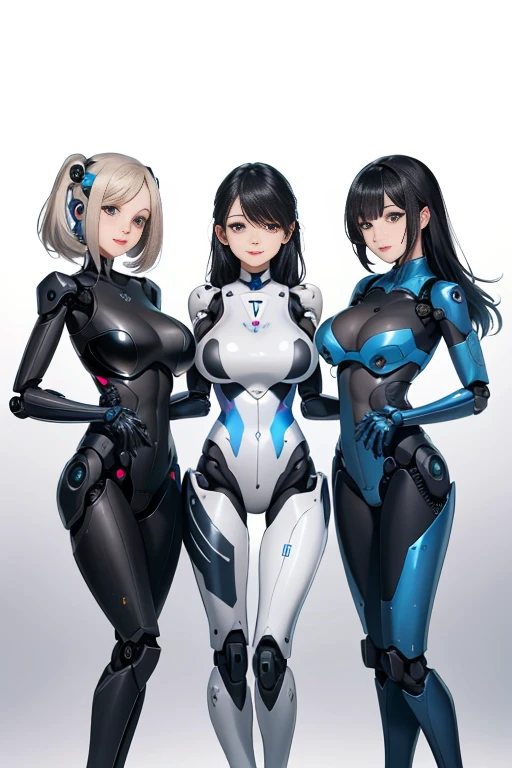 High resolution, Detailed Background, highest quality, Beautiful and dense face, Beautiful, smooth skin, Skin Texture, ((Three beautiful female robots in their twenties)), All of their internal skeletons are exposed.., Everything is mechanical except for the face., Full Body Shot, Cute hairstyle, Huge breasts, smile, They are all touching each other&#39;Body because they just had their maintenance done., 誰もが自分Bodyに誇りを持っている, All have floral and pastel colored internal skeletons, From ankle down, Feet in roller skates, The bright colors and patterns on the interior structure create a cute and glamorous look.., (Braided Ponytail、Cute hair cot#39;I&#39;I can&#39;t wait to go outside in my new body...、Looking at each other&#39;Body、Laughter、smile、smile)