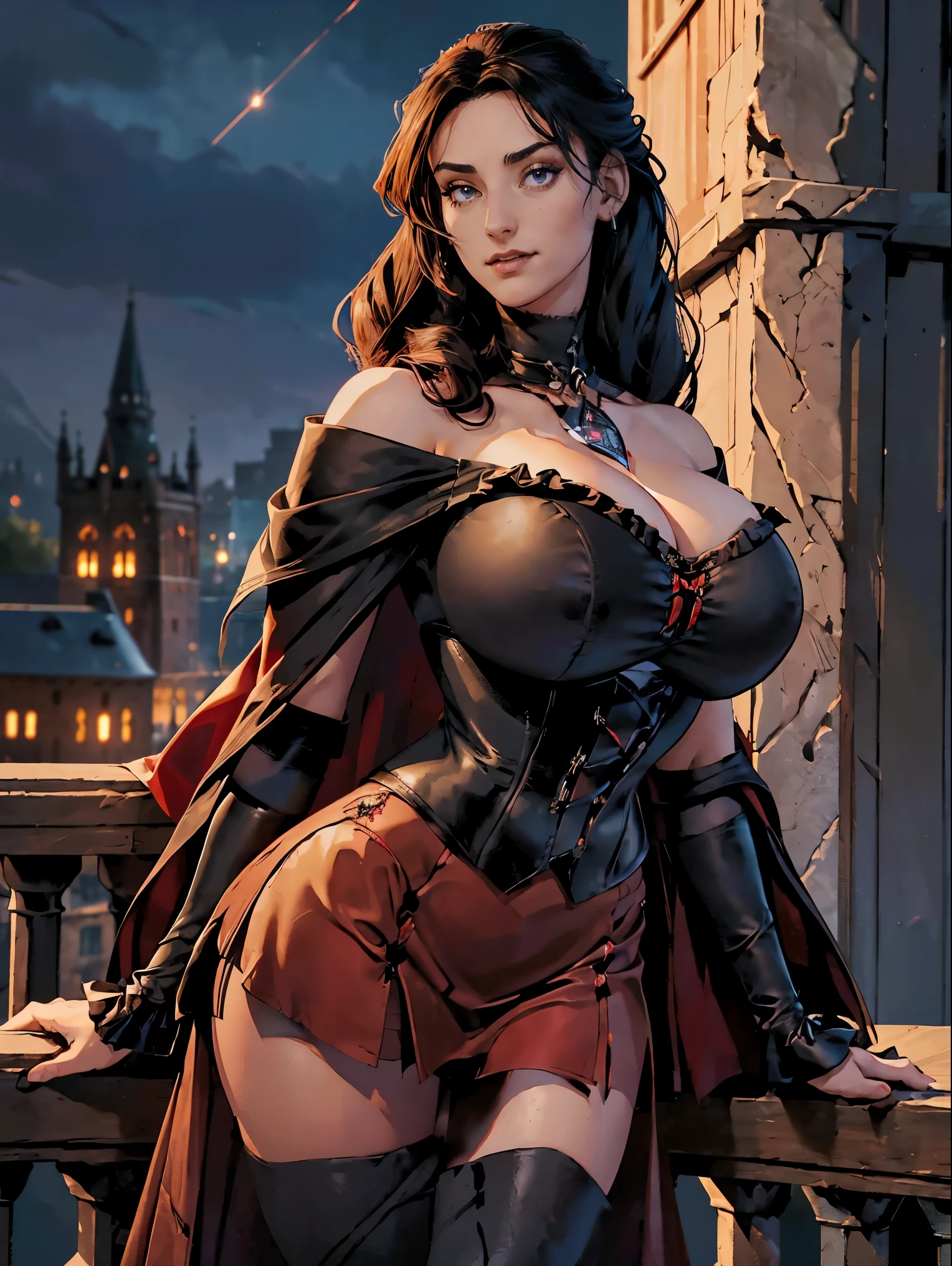 (masterpiece, top quality, best quality, official art, beautiful and aesthetic:1.2), (1girl:1.3), long and curly dark brown hair, ((extravagant updo)), Victorian style, extremely detailed, portrait, looking at viewer, solo, (full body:0.6), detailed background, close up, mischievous eyes, (cold midnight castle theme:1.1), extremely busty vampire, long fangs, blood on chin, huge lips, charlatan, smirk, mysterious, being seductive on a balcony, revealing gothic dress, lace, extremely tight bodice, black attire, red skirts, off shoulder, long sleeves, loose sleeves, black leather, cloak, corset, black dress, fishnets, thigh high black boots, buckles, straps, pouches, glowing blood magic energy, dark red fabric, silver trim, black leather, (ruffled collar), (((gigantic breasts))), cleavage, skindentation, slim waist, slim hips, long legs, medieval (gothic castle exterior:1.1) background, nighttime, dark mysterious lighting, shadows, magical atmosphere, dutch angle