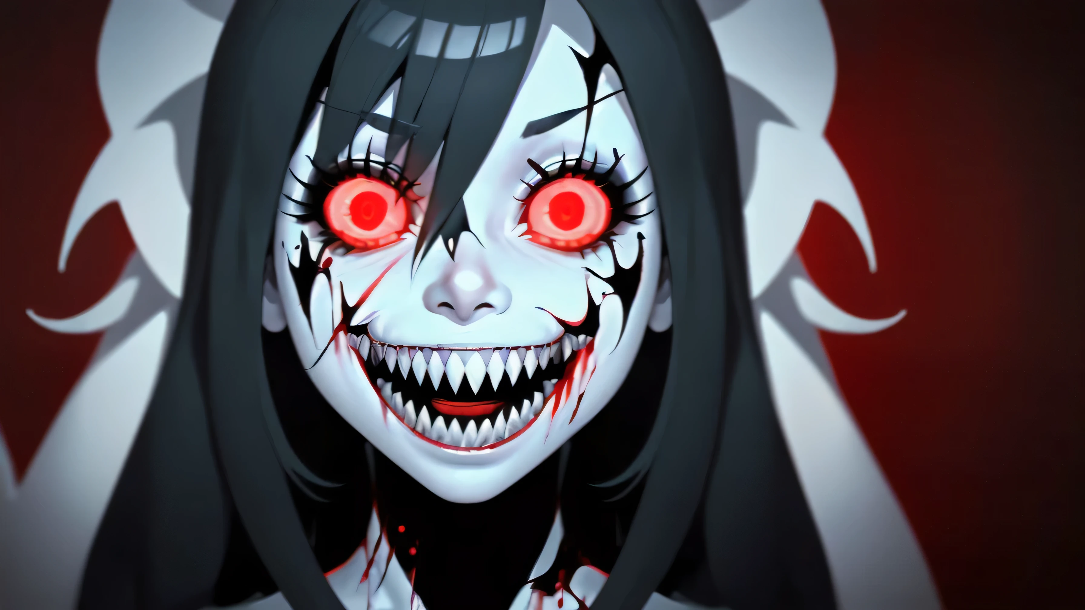 (,best quality, high resolution:1.3), dynamic lighting, edgClussy_woman exe, Exe, teeth, horror (theme), red eyes, smile, sharp teeth, glowing, dark, blood, tongue, grin, glowing eyes, evil smile,