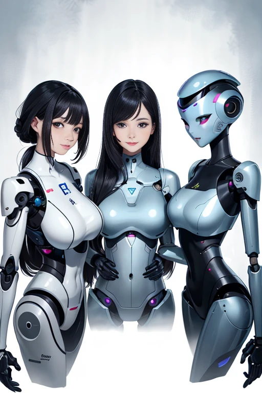 High resolution, Detailed Background, highest quality, Beautiful and dense face, Beautiful, smooth skin, Skin Texture, ((Three beautiful female robots in their twenties)), All of their internal skeletons are exposed.., Everything is mechanical except for the face., Full Body Shot, Cute hairstyle, Huge breasts, smile, They are all touching each other&#39;Body because they just had their maintenance done., 誰もが自分Bodyに誇りを持っている, All have floral and pastel colored internal skeletons, From ankle down, Feet in roller skates, The bright colors and patterns on the interior structure create a cute and glamorous look.., (Braided Ponytail、Cute hair cot#39;I&#39;I can&#39;t wait to go outside in my new body...、Looking at each other&#39;Body、Laughter、smile、smile)