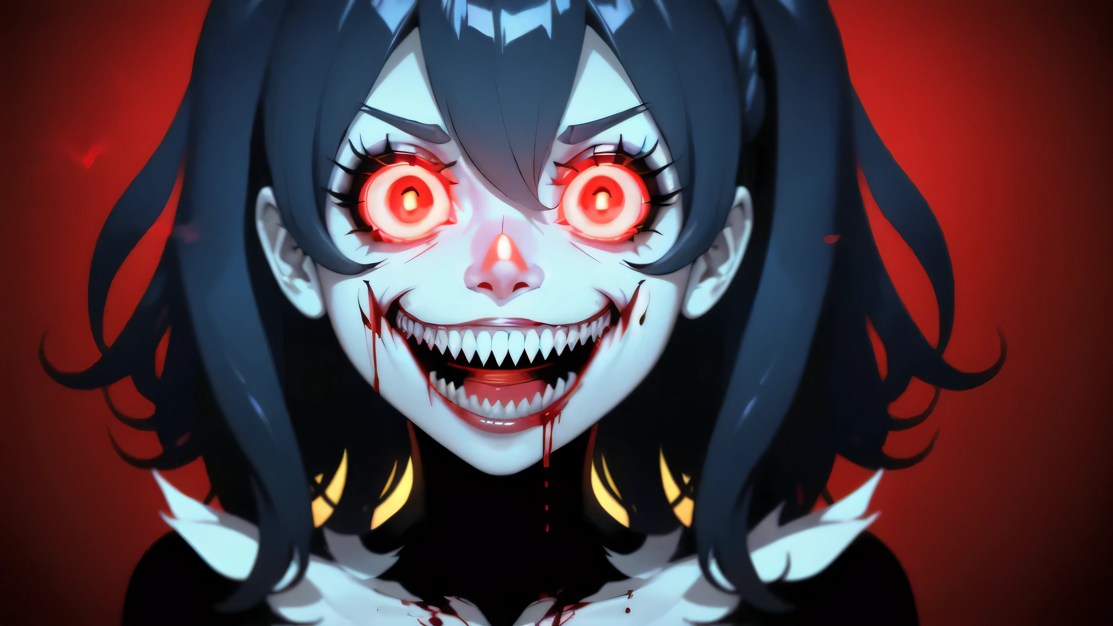 (,best quality, high resolution:1.3), dynamic lighting, edgClussy_woman exe, Exe, teeth, horror (theme), red eyes, smile, sharp teeth, glowing, dark, blood, tongue, grin, glowing eyes, evil smile,