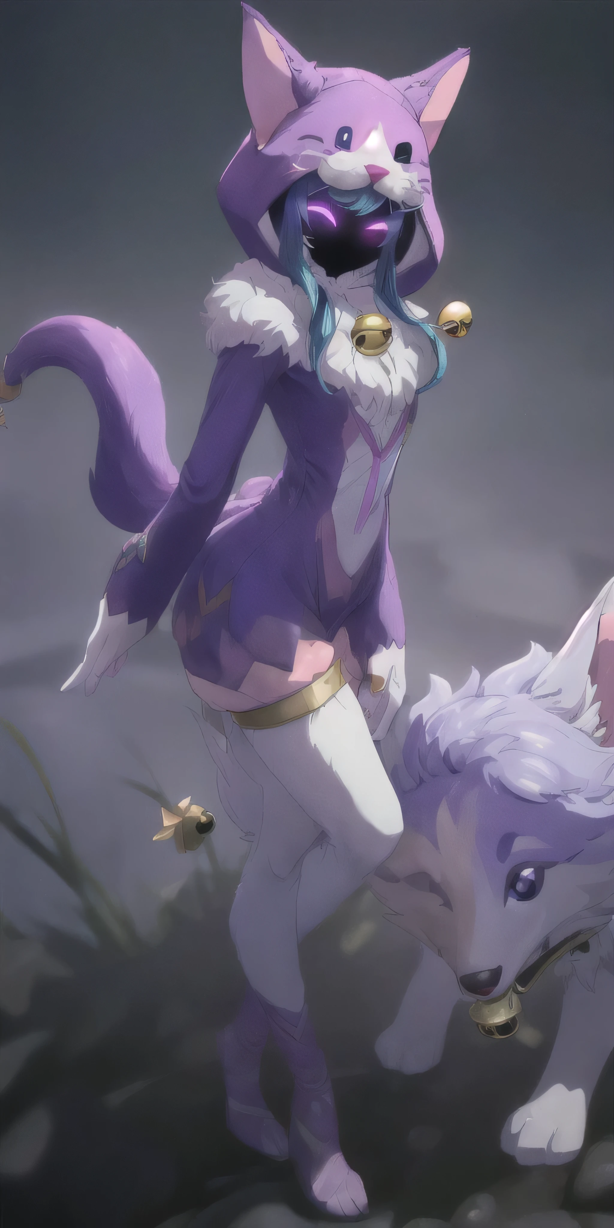 (((masterpiece))), 4k res, highly detailed, (((extremely detailed eyes))), detailed background, cinematic lighting, high quality, best quality, 4k, super detailed,focus sharp,RTX, 8K, beautiful face, wooflamp, small breasts, pink eyes, blue hair, purple clothes ,hood, closed eyes, neon eyes, tail cat, necklace with bell, satyr legs,  