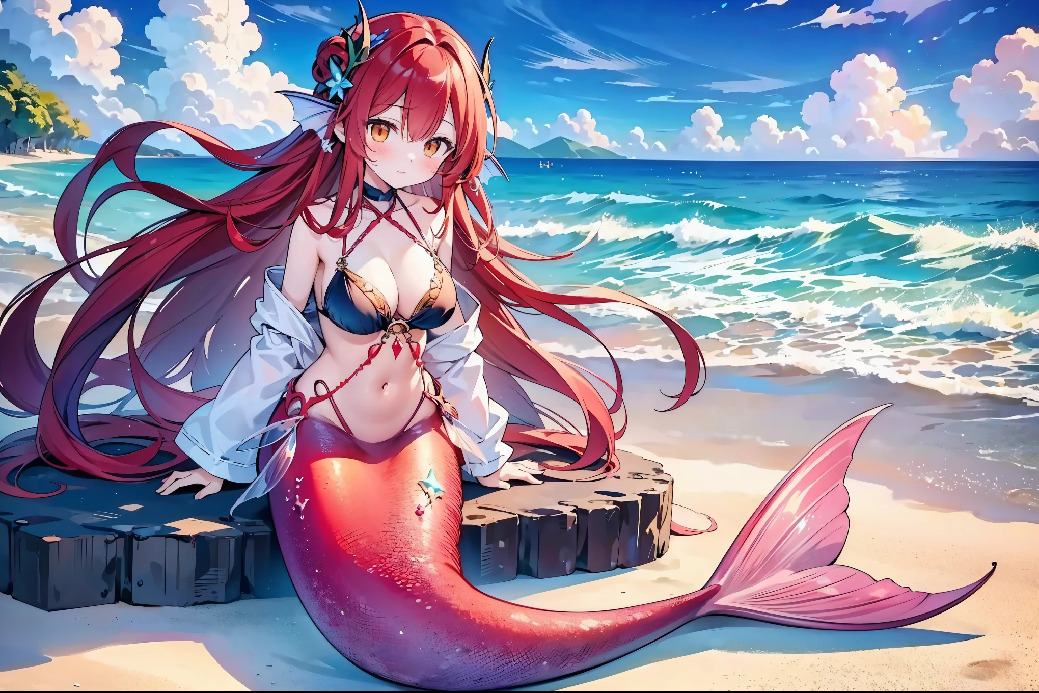 masterpiece, best quality,A girl,Large Breasts,Mermaid,Red long hair,红色Mermaid尾巴,full-body shot,beach,Sea view,charming face(Kawaii, charming,Soft)